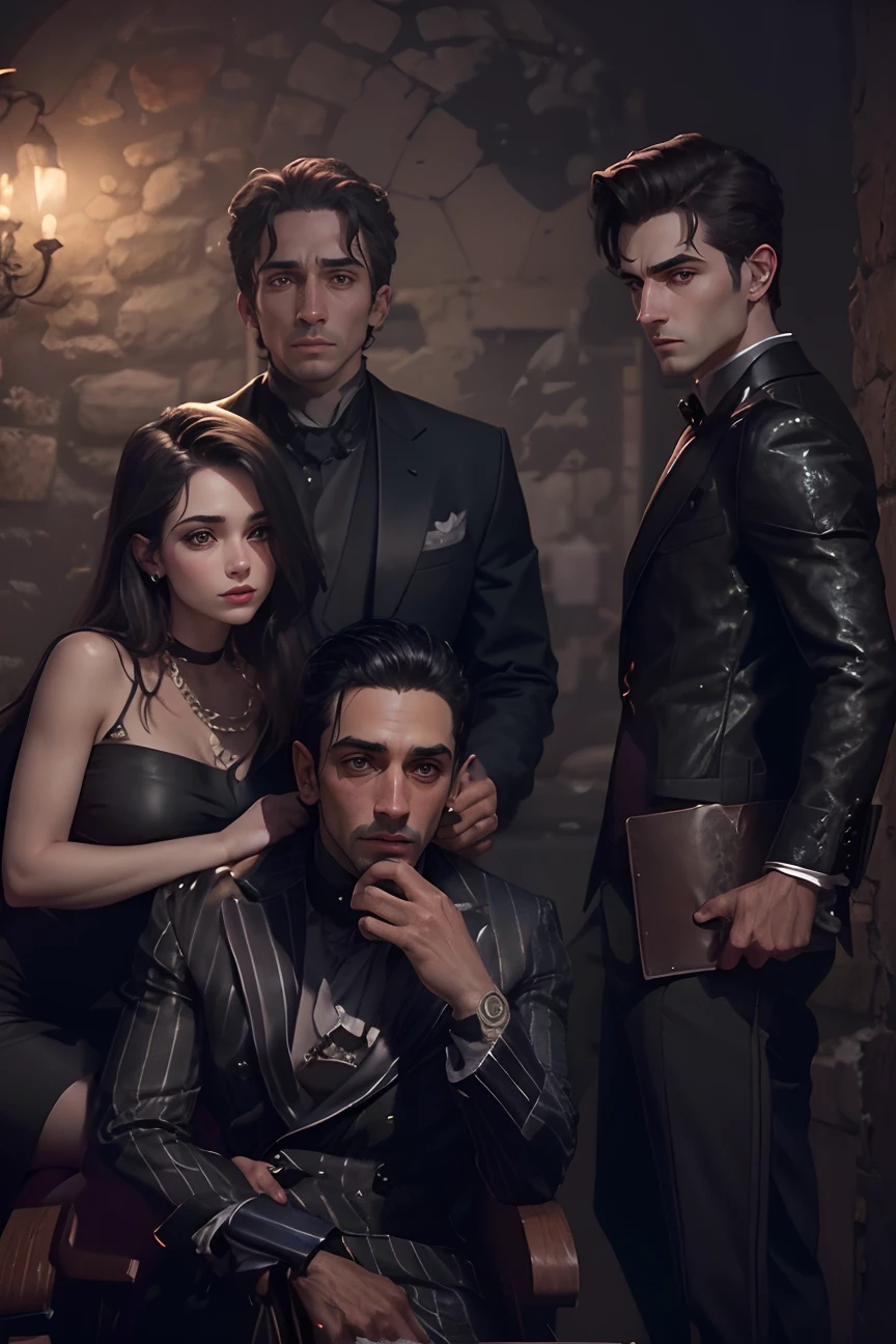 Porter de filme de dark romance: 1 mulhar, vestido de couro, tom sombrio, em frete a uma restaurante, 3 homens, uma mulher, e 3 homens