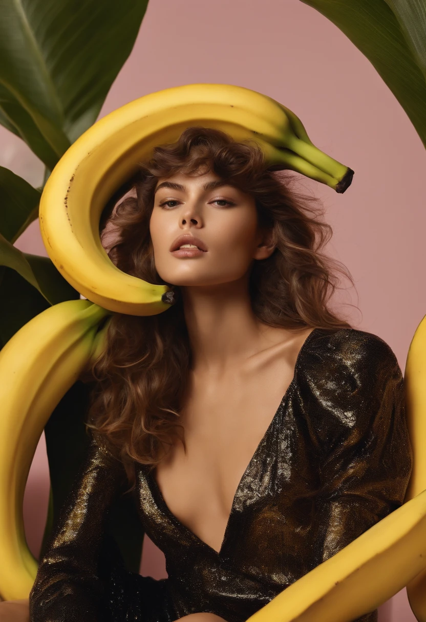 Asian appearance Curly top model with long brown hair Kaia Gerber shoots with a banana for Gucci xv sexy outfit , sexy outfit , Naked , sexy body , drops of milk on it , naked breasts, Sheer clothing, Eating a banana , Sexual licking