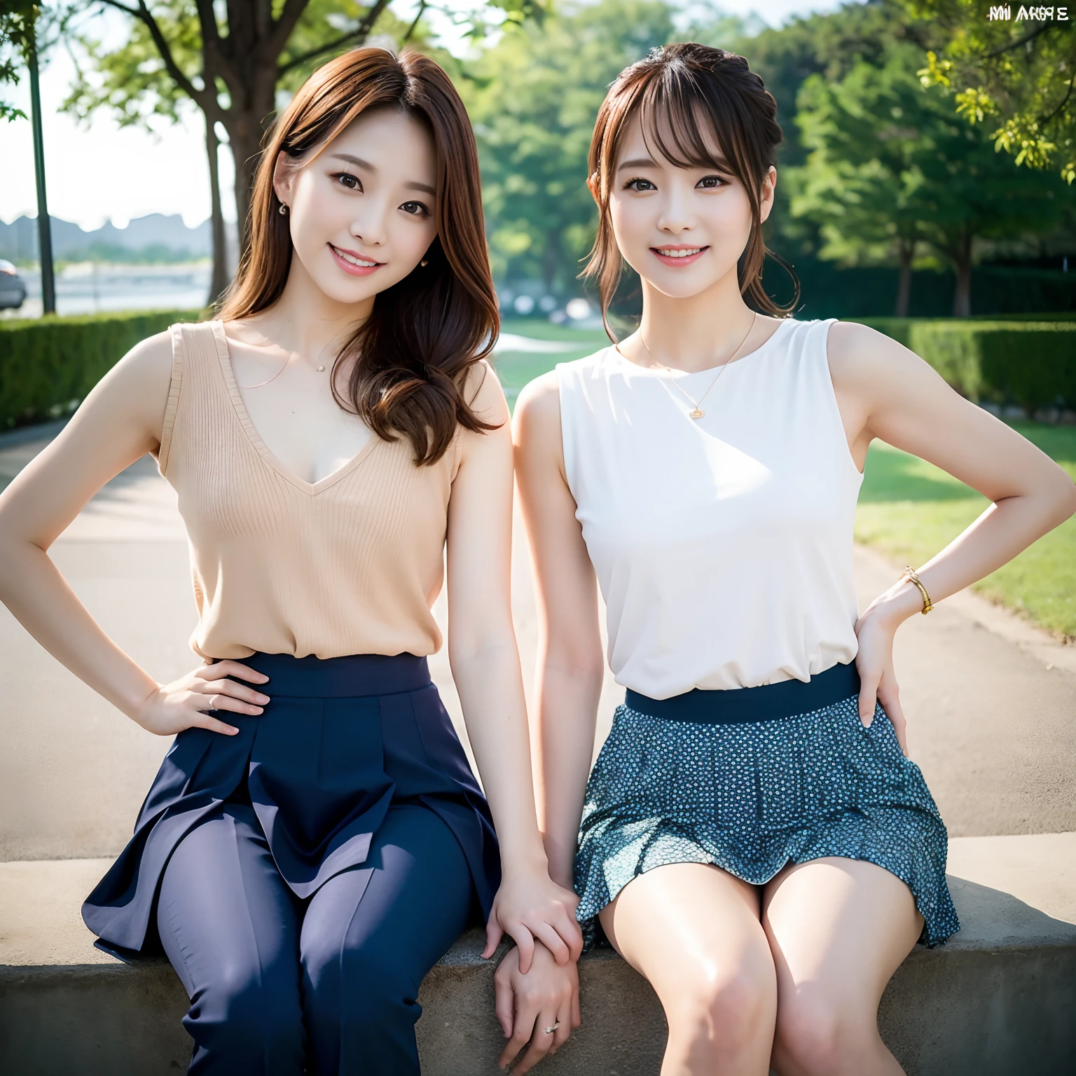 top-quality、masterpiece、超A high resolution、(Photorealsitic:1.4)、twinsies、The ultra-detailliert、cute little、Short、(A smile:1.1)、Tight Skirt Pants、(Thigh 3)