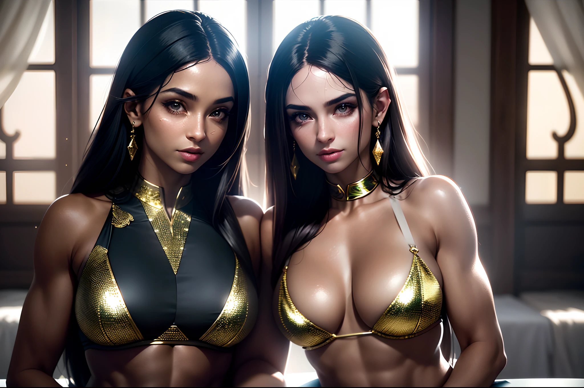 2 twin sisters , angel and demon , Digital pencil drawing of an attractive female , luz contrastante, Sony a6600 Mirrorless Camera, ƒ/1.4, ISO 1600, 85mm - 135mm), poros da pele, skin imperfections, dia de sol forte ,cabelo altamente detalhado, corpo altamente detalhado, pele altamente detalhada, rosto altamente detalhado, insanamente detalhado, intrincado, obra-prima, mais alta qualidade, foco nítido, Premiado, Cinematic lighting, octan render, Motor irreal, Volumetria DTX, (filmic grain), (hiperrealista),imagem extremamente realista, ultra hd, tudo detalhada, efeitos 3dfx, beleza radical, realistic face,((semblante de curiosidade)), ((mamilos aparentes)), (( Tiny pantie with gold and shiny details)), (alta resolução:1.5) , sexy , ((topless)), ((piercing )) , (( Ultra-detailed rendering)),(( big tits , cintura fitness, quadril largo )), (( touching hands )) , ((melhor qualidade)), ((obra-prima)), (Fantasy Illustration: 1.3), (melhor qualidade: 1.5),( pele arrepiada de frio ), detalhado, 8k, HDR, luz ampla, alto contraste, Backlighting, brilho, brilhos de luz, foco nítido, ((olhos realistas:1.0)), ((detailed muscles)), (( pele detalhada ultra realista:1.0 )), foto, feminina,