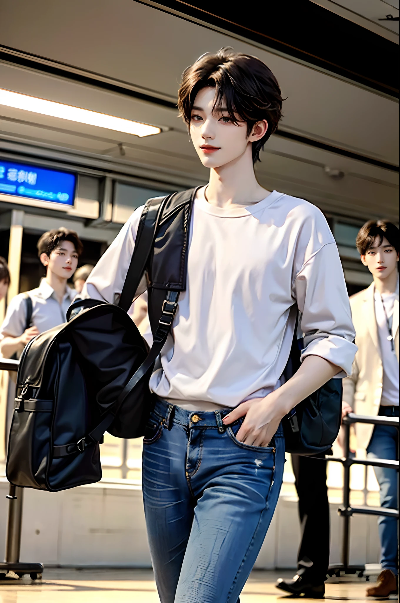 ((4K works))、masterpiece、(top-quality)、((high-level image quality))、((One Manly Boy))、Slim body、((Jeans Fashion))、((Men's Fashion))、((Carry a backpack and passport in hand))、(Detailed beautiful eyes)、At the airport、Face similar to Chaewon in Ruseraphim、((short hair above the ears))、((Smaller face))、((Neutral face))、((Light brown eyes))、((Korean boy))、((18year old))、((Handsome man))、((Smiling expression))、((Korean Makeup))、((elongated and sharp eyes))、((photo of a model))、((Like a celebrity))、Professional Photos、((Shot alone))、((Walking around the airport))、((He walks beside many people))、((shot from a side angle))、((There are many photographers around))