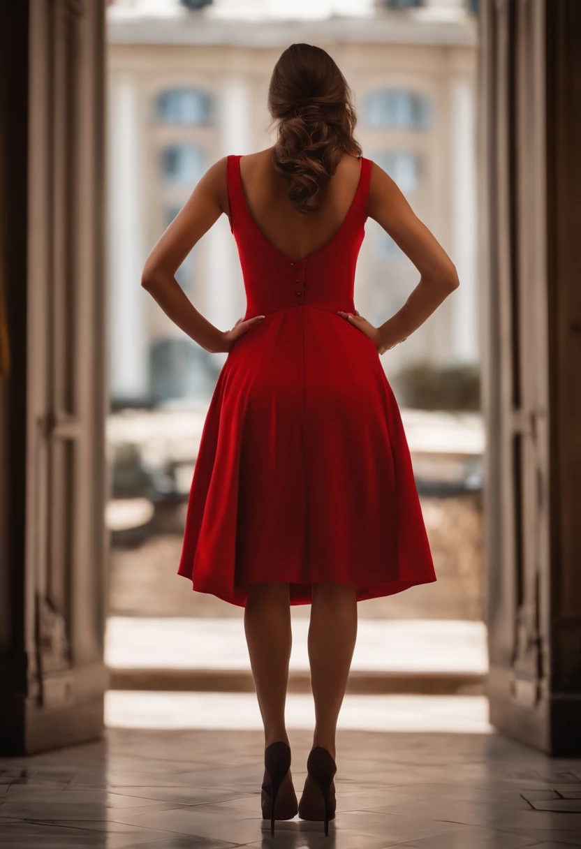Very young woman, back, giant buttock, femme posant en pied, Beautiful and detailed body and face, belle silhouette, sourire, Chiffre de sablier, Photo du corps entier, Beautiful and detailed body and face, peau claire, Couleurs vives, Hyper realistic style body ,Red dress clothing, hanches larges, Giant round back