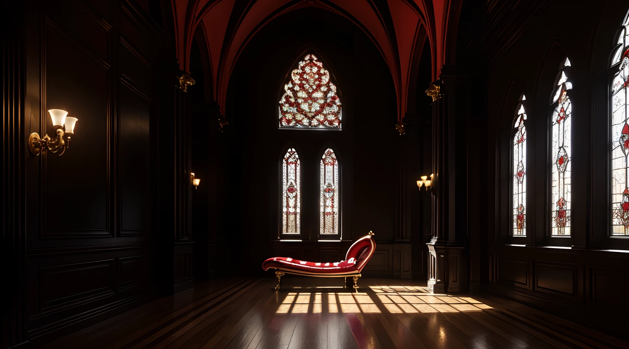 masterpiece, top quality, 8k, big room, dim lighting, black stone walls, deep red medium size wall panels with gold filigree border, 1 gothic window, vaulted ceilings, black and red parquet floor, single gothic floor lamp, single gothic chaise with deep red fabric and black stitching