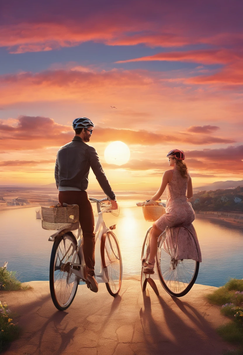 (A guy rides a bicycle, Girl riding a bicycle, Seaside landscapes, sunset sky, photografic, photo realism:1.37), hight resolution, Ultra-detailed, Clear horizon, bright colours, Warm tones, Mesmerizing lighting