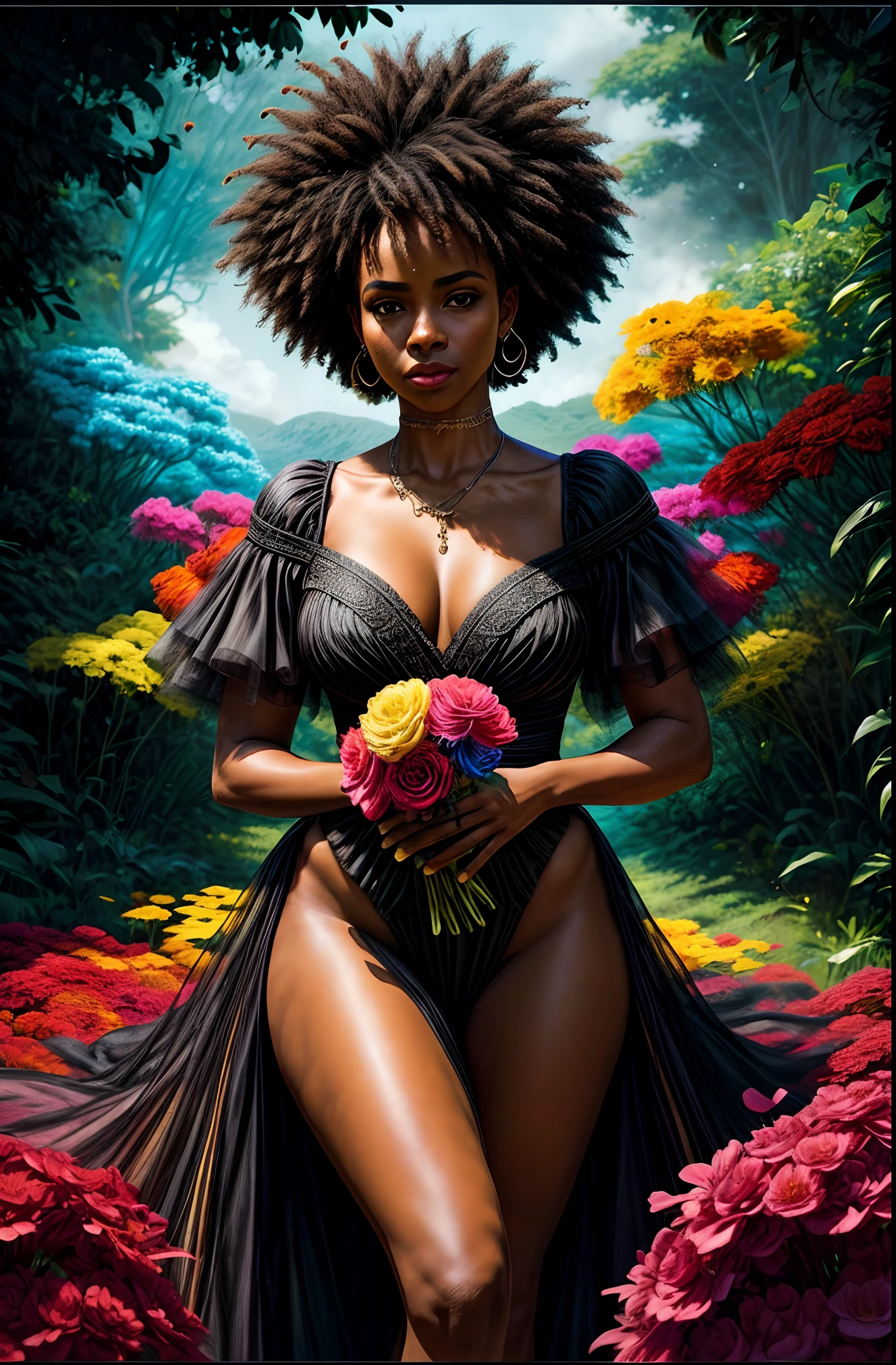 mulher negra,bicho, elegante, vivid colors, Atmospheric,sereno, elegante, Borboletas, flores florescendo, em movimento, Dramatic, corpo inteiro, organic composition,Detalhador Furtástico,Foto bruta 8K,afro-woman