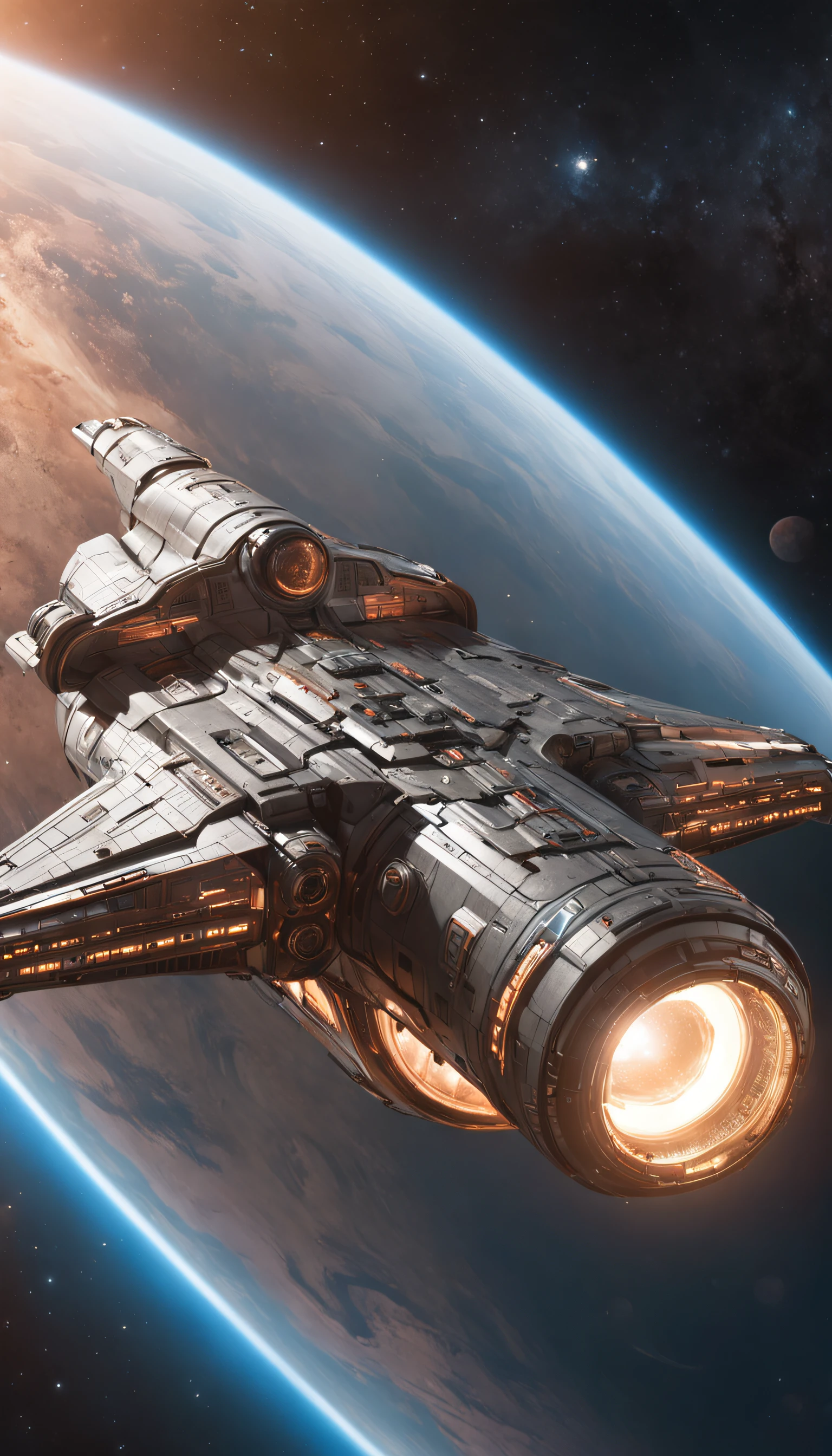 (Professional 3D rendering:1.3) de (Realistic:1.3) Foto de arte mais bonita do mundo，Futuristic Sci-fi spaceship, Huge, Intricated, SCi-FI, Advanced design, realistic functional spaceship, Background with nebula, planets and stars, Cinematic, High detailed image, Realistic, Hyperrealistic, Photographic Image, Master Piece, Dynamic compisition, golden composition, (vibrante, fotogrdeia realista, Realistic, Dramatic, Escuro, foco nítido, 8k), metal lustrado, (intrincado:1.4), decadente, (altamente detalhado:1.4), pintura digital, rendering by octane, art stations, Conceito-Arte, liso, foco nítido, illustration, germe da arte, (Loish:0.23), Wlop Ilya Kuvshinov, e Greg Rutkowski e Alphonse Mucha Gracias, (global ilumination, studiolight, Light Volumetric),  ((Fundo escuro e estrelas:1.3)),CGSesociedade,art stations