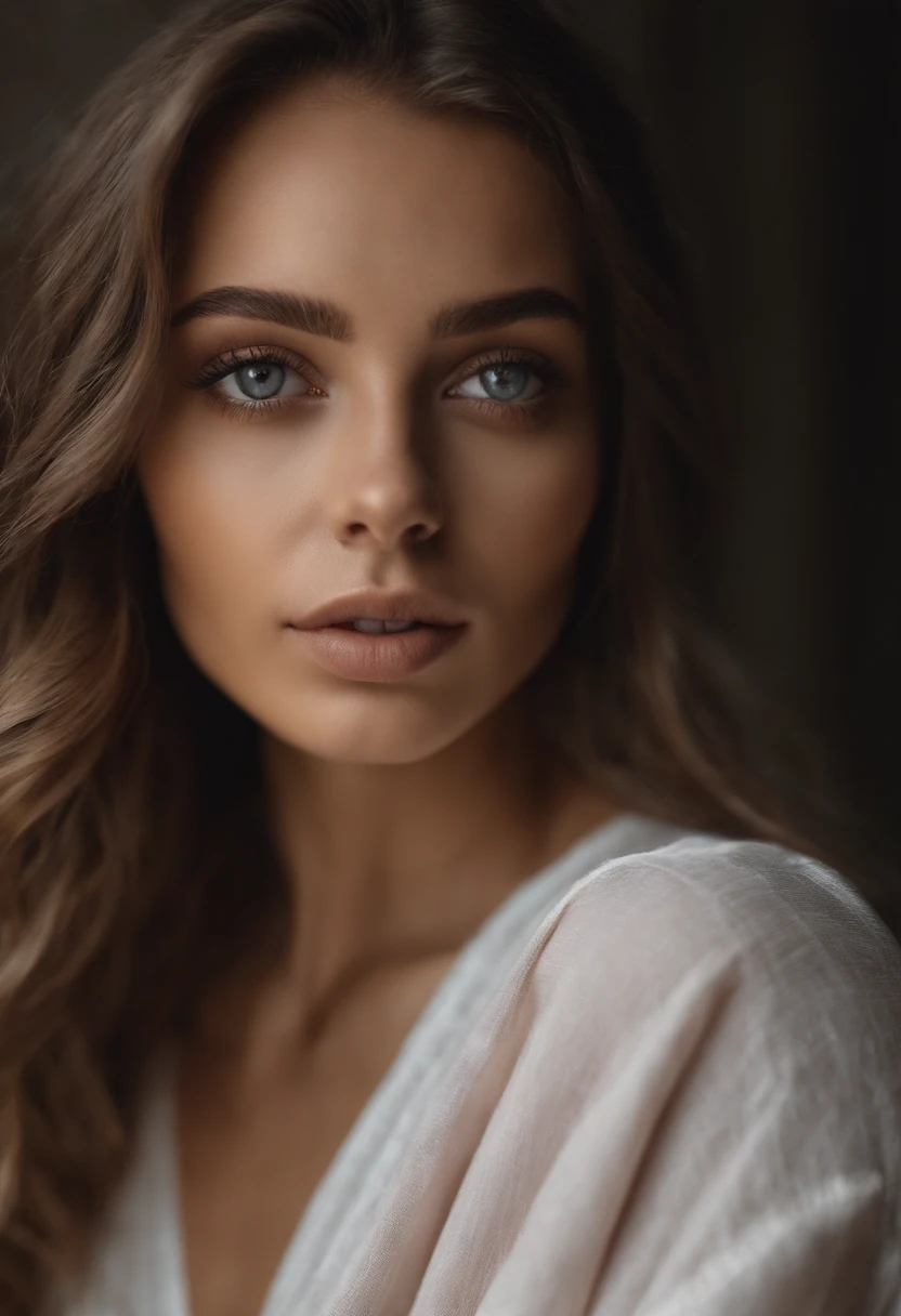 Arafed woman with exposed breasts, fille sexy aux yeux bruns, Portrait Sophie Mudd, cheveux bruns et grands yeux, selfie of a young woman, Yeux de chambre, Violet Myers, sans maquillage, naturel, looking straight at camera, Visage avec Artgram, Maquillage subtil, Superbe photo du corps entier, dans la chambre, topless, sans maquillage, sortie du lit, sensuel, sexy , visage pur