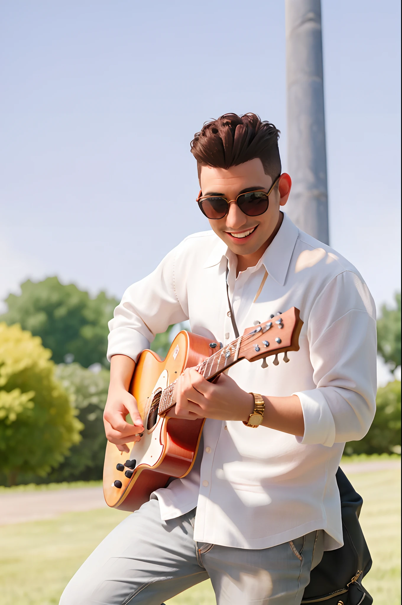 (masterpiece, detailed, 8k, uhd, best quality:1.3), there is a man that is playing a guitar outside, smiling, closed lips, detailed face, black sunglasses and a guitar, guitarist, groom, cinematic lighting, volumetric lighting, garden, golden hour