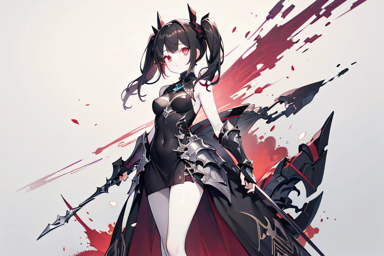 1 girl, black hair, Twin tail in her hair, crimson hair color, white skin color, medium body type, medium breasts, short battle dress, black dress color with silver details, armor pieces on arms and in the legs.