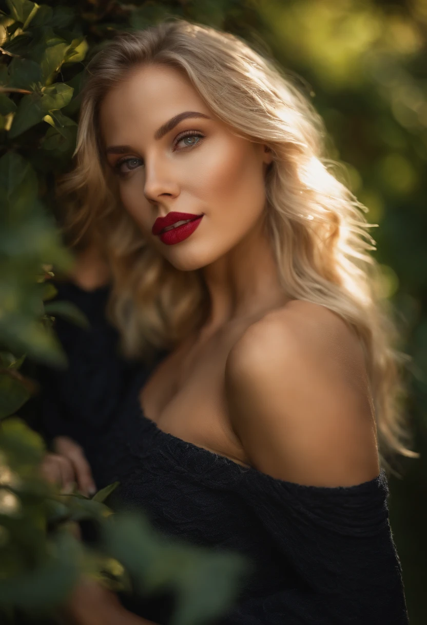 Create a captivating description based on the following keywords: A photo of a sexy, gothic red dress worn by a woman with blonde hair and blue eyes, capturing the essence of summer. red lips, chromatic aberration abuse, UHD, retina, masterpiece, ccurate, anatomically correct, textured skin, super detail, high details, high quality, award winning, best quality, highres, 1080P, HD, 4K, 8k, 16k --q 5