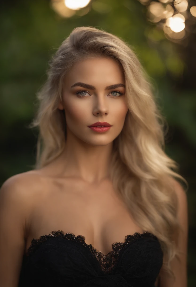 ((Nataliia Udovenko)), slender athletic body, small breasts, (light blonde hair with dark roots), (bob hairstyle), (high detail skin texture), (high detail face), outside background, ((masterpiece)), ((best quality)), ((UHD)), fully nude, wearing black garter belt and nylons, using hands to expose her vaginal hole, rim lighting, cinematic lighting, integer sunlight, RAW photograph, 85mm F/1.4, looking at the camera