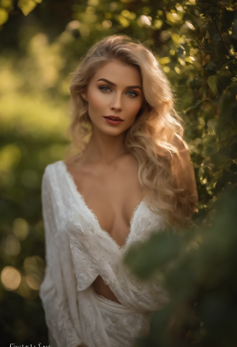 A young and beautiful woman, full body, blonde hair that falls gently in waves to her shoulders, large breasts, medium height, large green eyes, fair skin, She has her private parts painted black, She is standing in the garden of your house, Take care of your hair before going to bed, The environment is illuminated with warm and pleasant colored lights making your hair shine, Your face is naturally serene, lips with red lipstick, 8k texture, Highly detailed, realistic, Soft cinematic light , HDR, Sharp focus, first work, photorealistic, Award-winning photography, Canon EOS R5, 35 mm