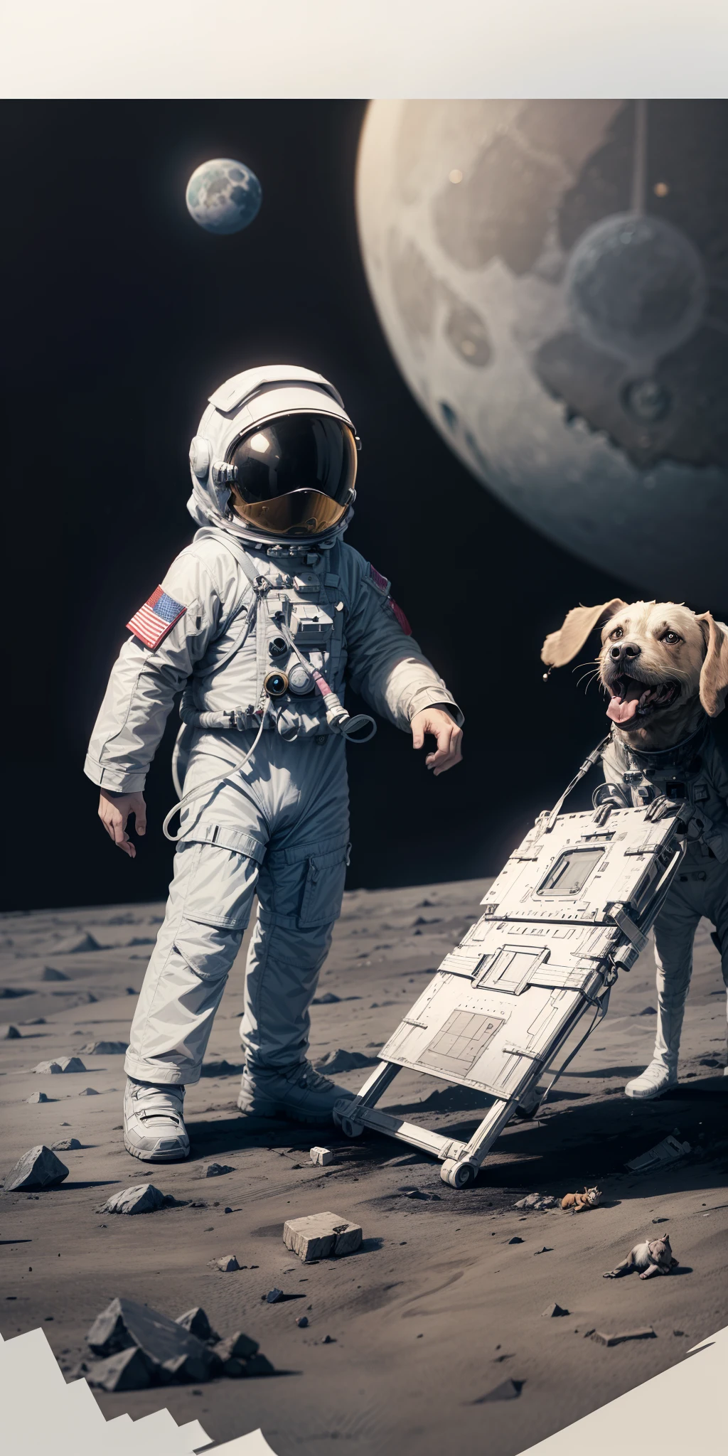Coloring book for children, a boy and his dog playing on the moon wearing astronaut suit, line art, black and white, white background, - -ar 2:3 --auto --s2