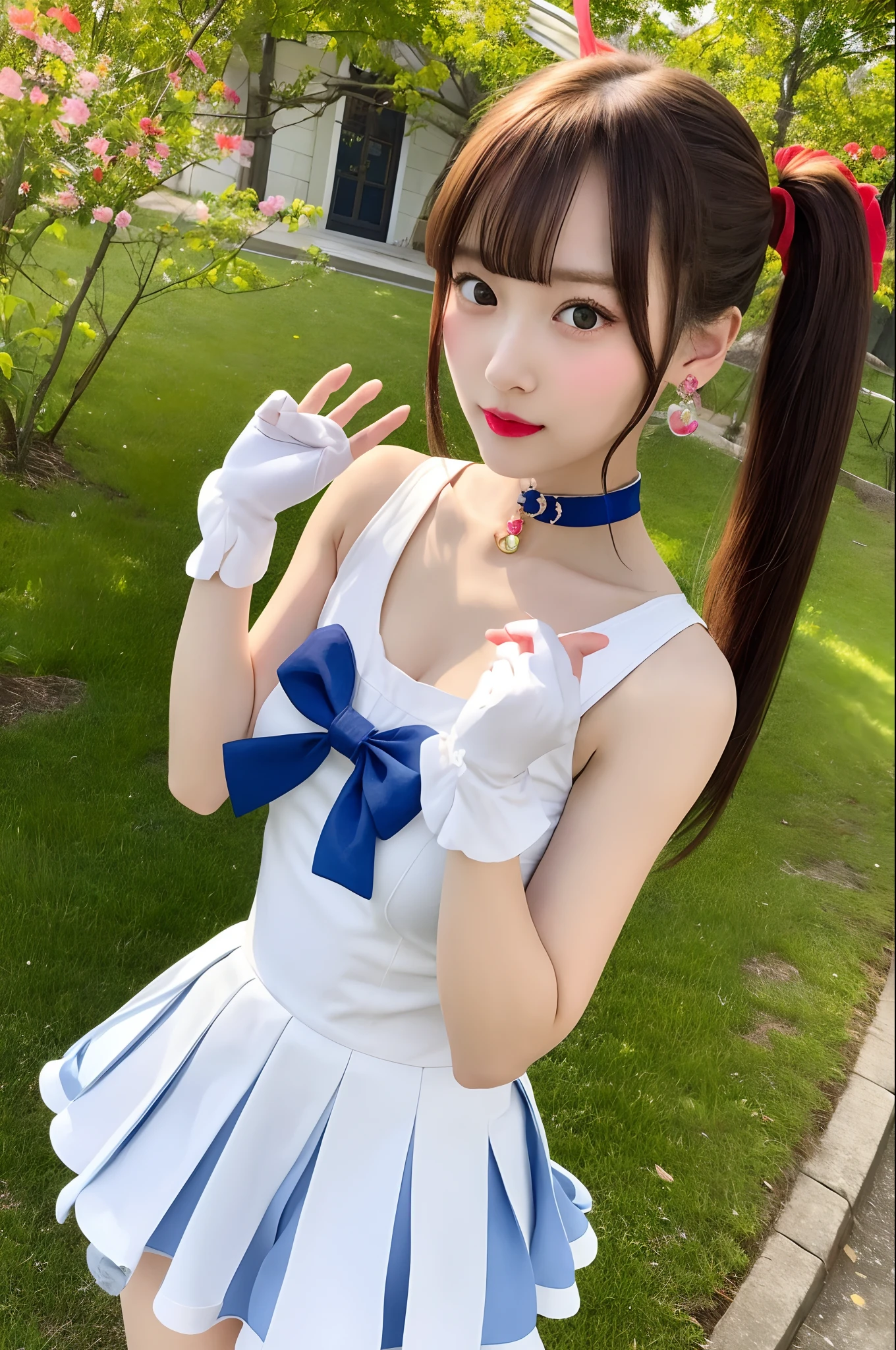masutepiece, Best Quality, hight resolution, 1girl in, Rabbit, Double bun, Twin-tailed, Parted bangs, Hair Ornament, circlet, Jewelry, earrings, Choker, Red bow, White Gloves, elbow groves, Blue skirt, Cowboy Shot, Standing
