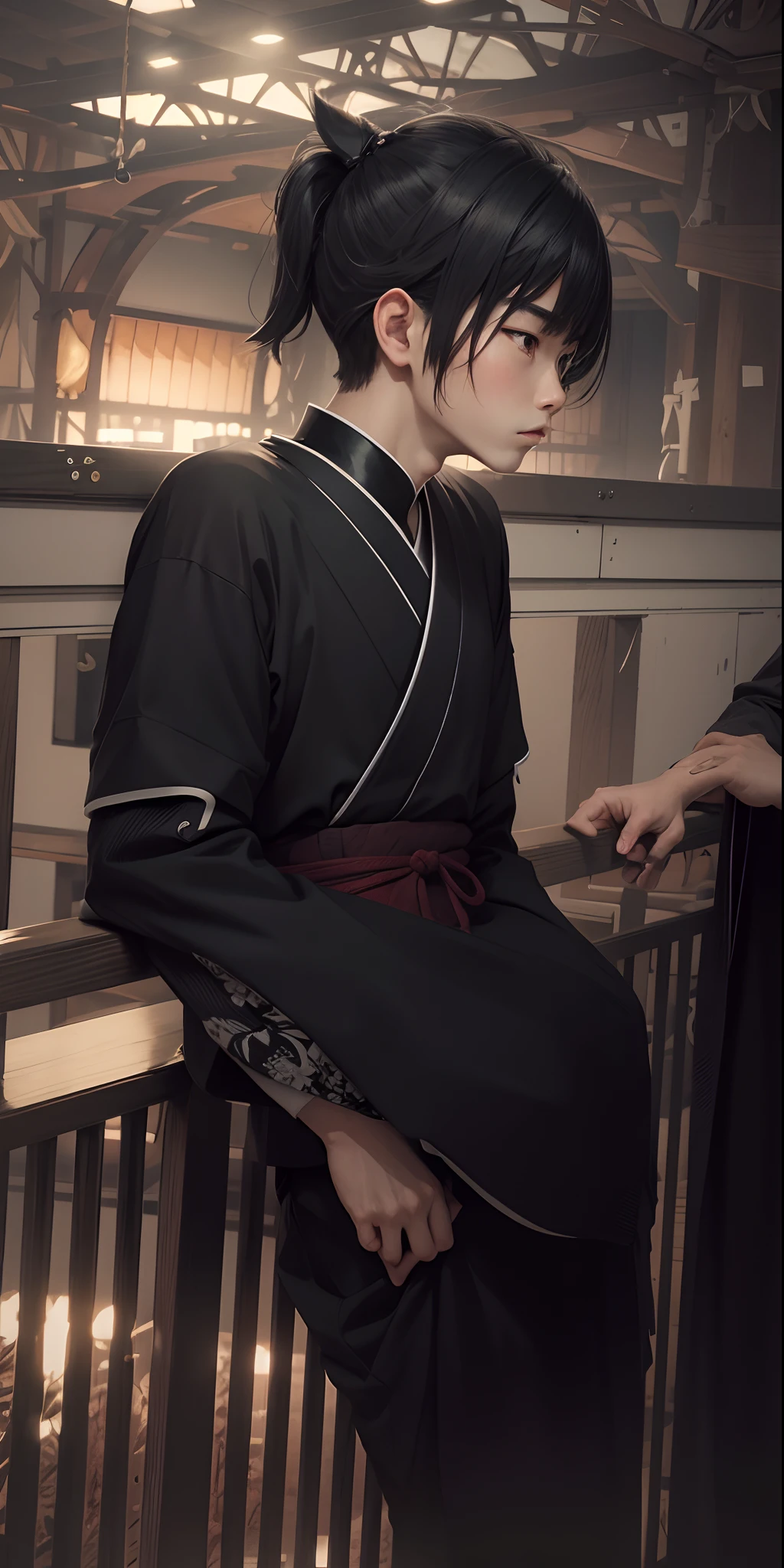 Japanese boy with Japanese hairstyle background change black and white 8k realistic