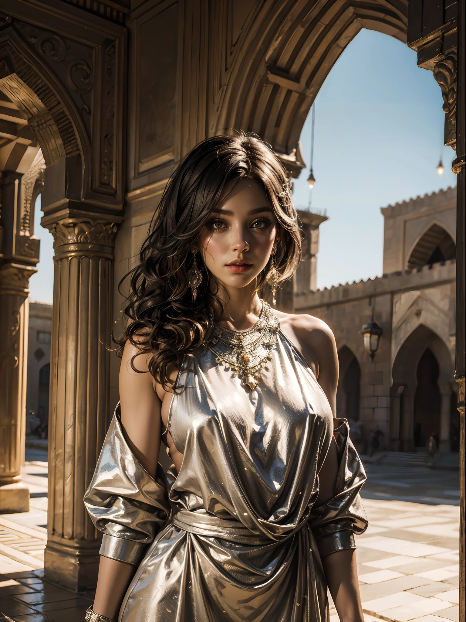 European beauty, 45 ans. Dressed only in a respectable full outfit of Moroccan Islamic caftan portrait hyper realistic super detailed face hyper realistic super detailed pose moroccan islamic environment architecture hyper realistic super detailed