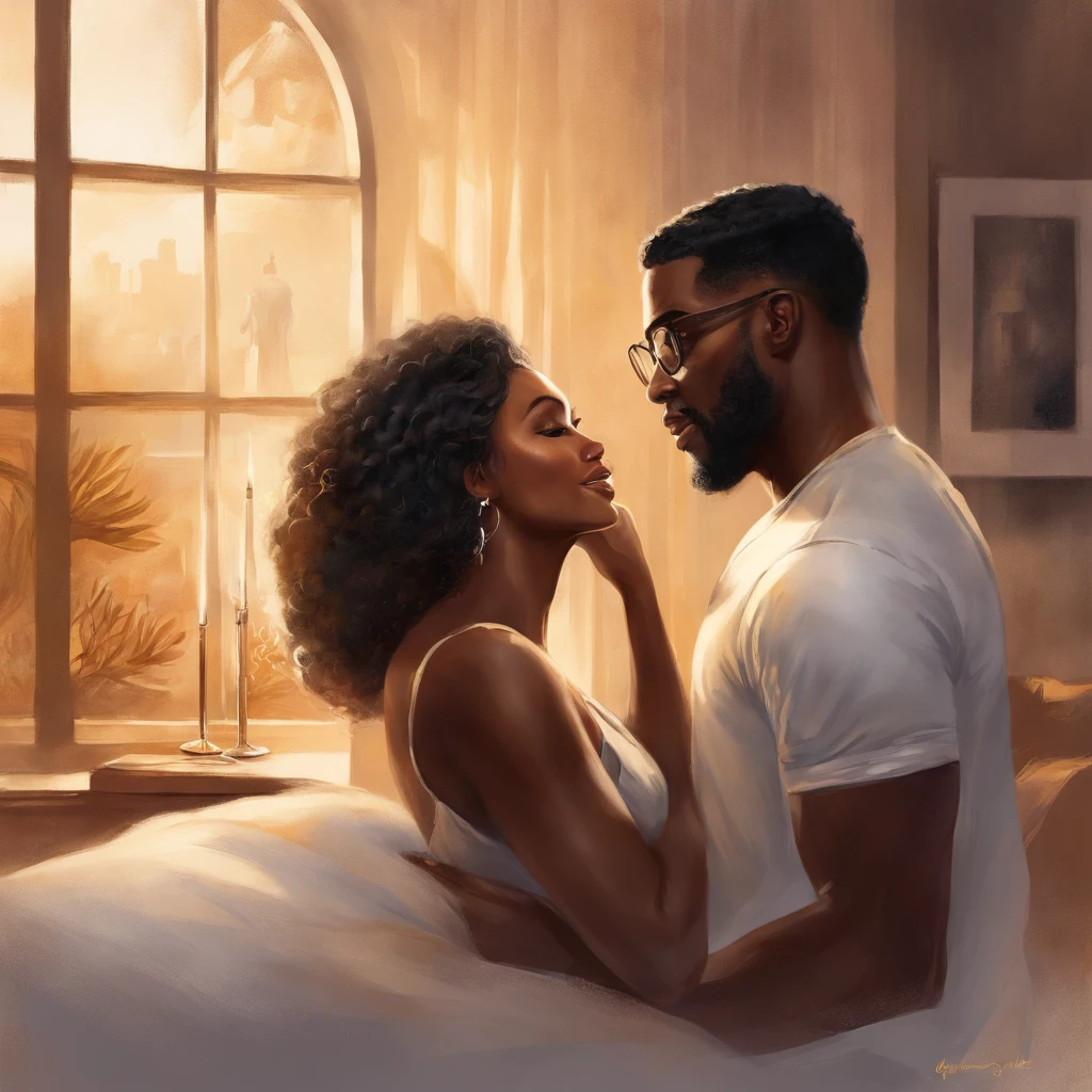 Drawing of a gorgeous black man and a brunette black woman with medium straight hair and wears glasses, detalhamento manual, detalhamento do dedo, detalhamento facial, sentado na cama, Charlie Bowater e Artgeem, He holds her in his arms, Enquanto ela dorme, inspirado em Magali Villeneuve, Edmund Blair e Charlie Bauer, capa de romance, cover illustration, Farnrun, Arte publicada, Commission for High Res, fanart detalhado, Melodrama Fantasia, inacabado