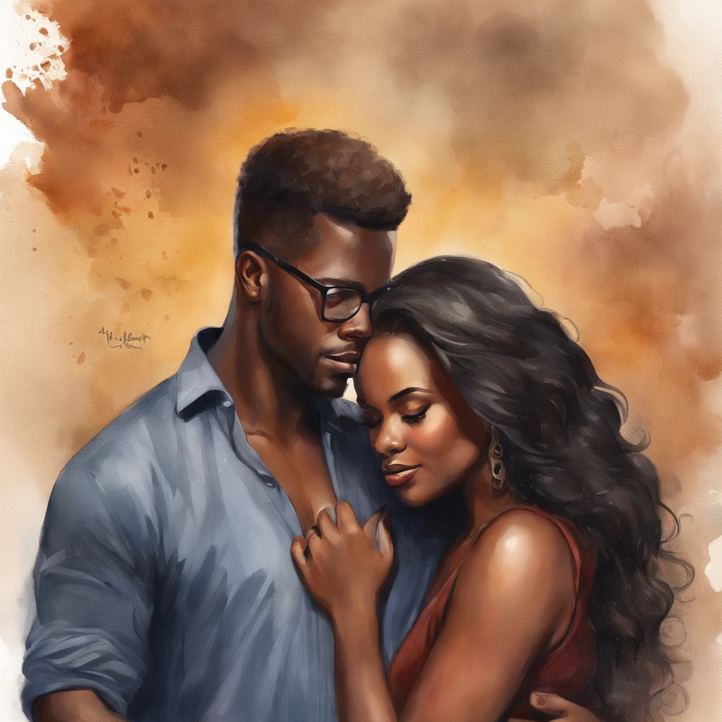 Drawing of a gorgeous black man and a brunette black woman with medium straight hair and wears glasses, detalhamento manual, detalhamento do dedo, detalhamento facial, sentado na cama, Charlie Bowater e Artgeem, He holds her in his arms, Enquanto ela dorme, inspirado em Magali Villeneuve, Edmund Blair e Charlie Bauer, capa de romance, cover illustration, Farnrun, arte publicada, Commission for High Res, fanart detalhado, Melodrama Fantasia, inacabado
