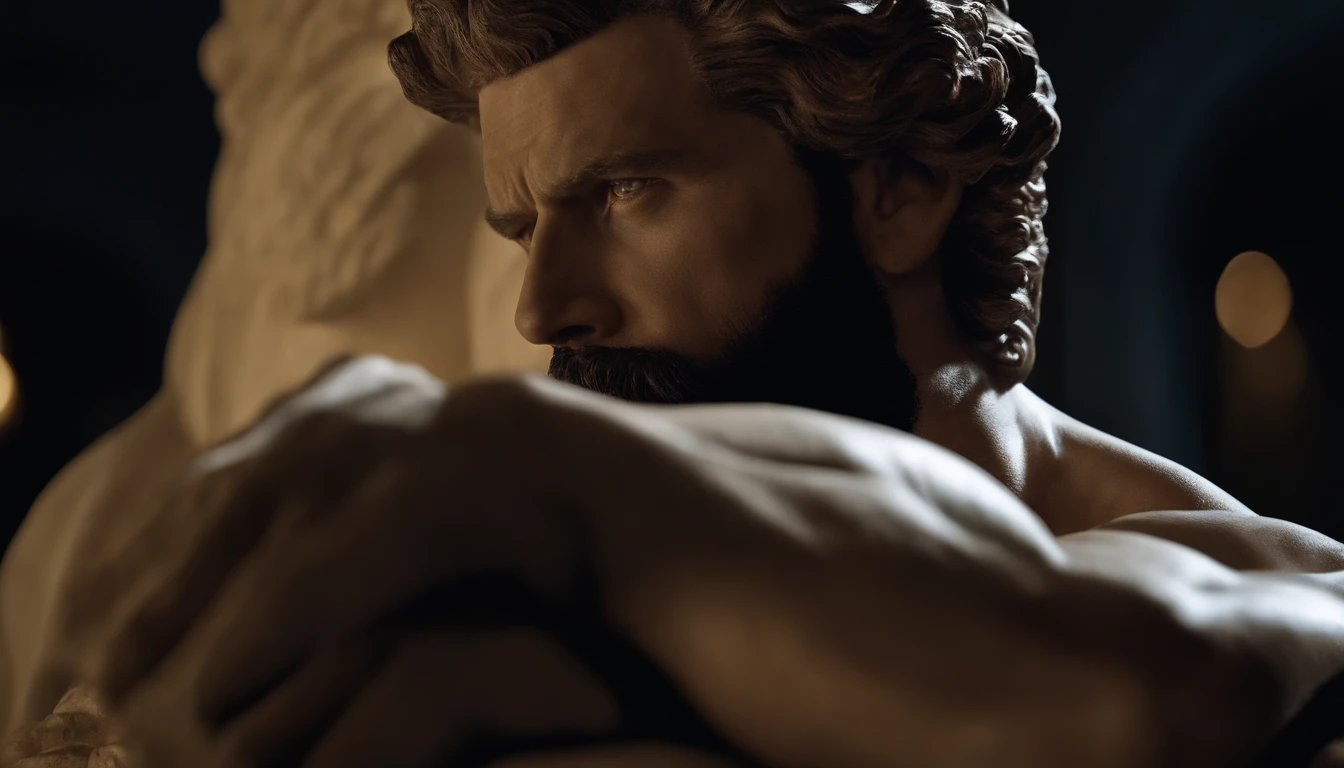 A white marble statue of a muscle, Bearded man with a stern look in a dark square at night, in the style of photographers Annie Leibovitz and Peter Lindbergh.