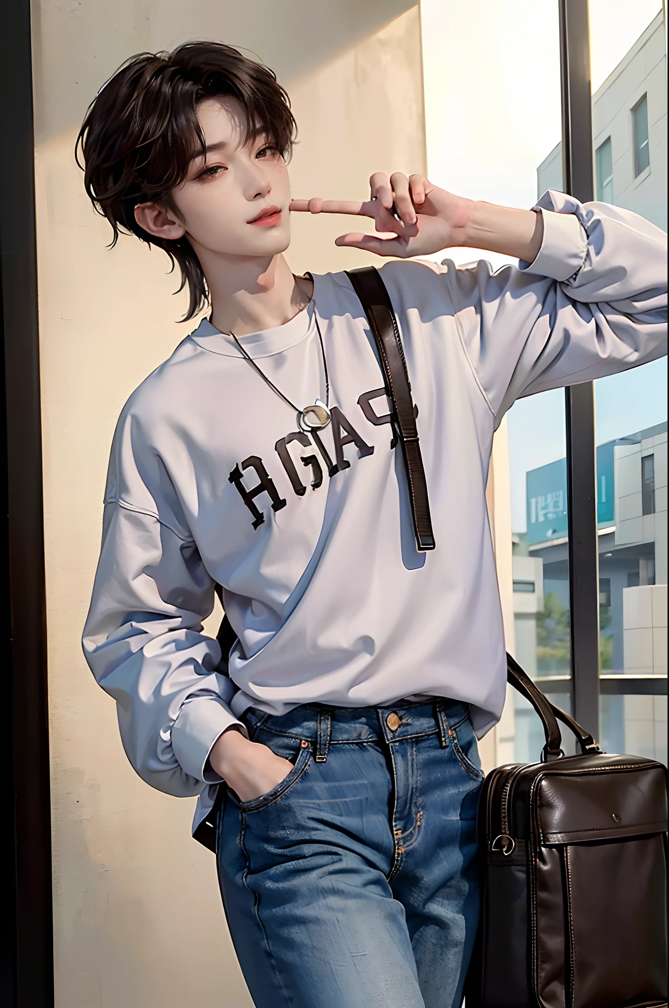 ((4K works))、​masterpiece、（top-quality)、((high-level image quality))、((One Manly Boy))、Slim body、((Jeans Fashion))、((Men's Fashion))、((Carry a backpack and passport in hand))、(Detailed beautiful eyes)、At the airport、Face similar to Chaewon in Ruseraphim、((short hair above the ears))、((Smaller face))、((Neutral face))、((Light brown eyes))、((Korean boy))、((18year old))、((Handsome man))、((Smiling expression))、((Korean Makeup))、((elongated and sharp eyes))、((photo of a model))、((Like a celebrity))、Professional Photos、((Shot alone))、((Walking around the airport))、((He is a lot of people々Walk beside the))、((shot from a side angle))、((There are a lot of photographers around))、((waving at viewer))
