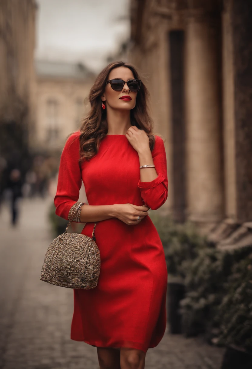 A handsome, attractive woman dressed in a red dress wearing sunglasses walking around a city