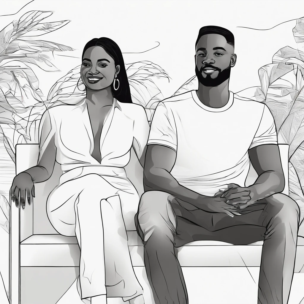 Black couple, a man and woman sitting next to each other, illustration