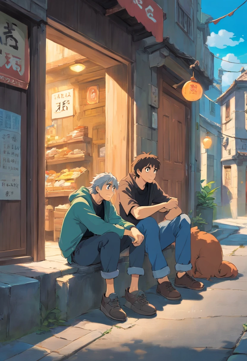 There are two men in the scene. , The first person is poor and homeless sitting on a pavement , The second person is a young man wearing jeans and a black T-shirt who gives some iron money to a poor man a beggar