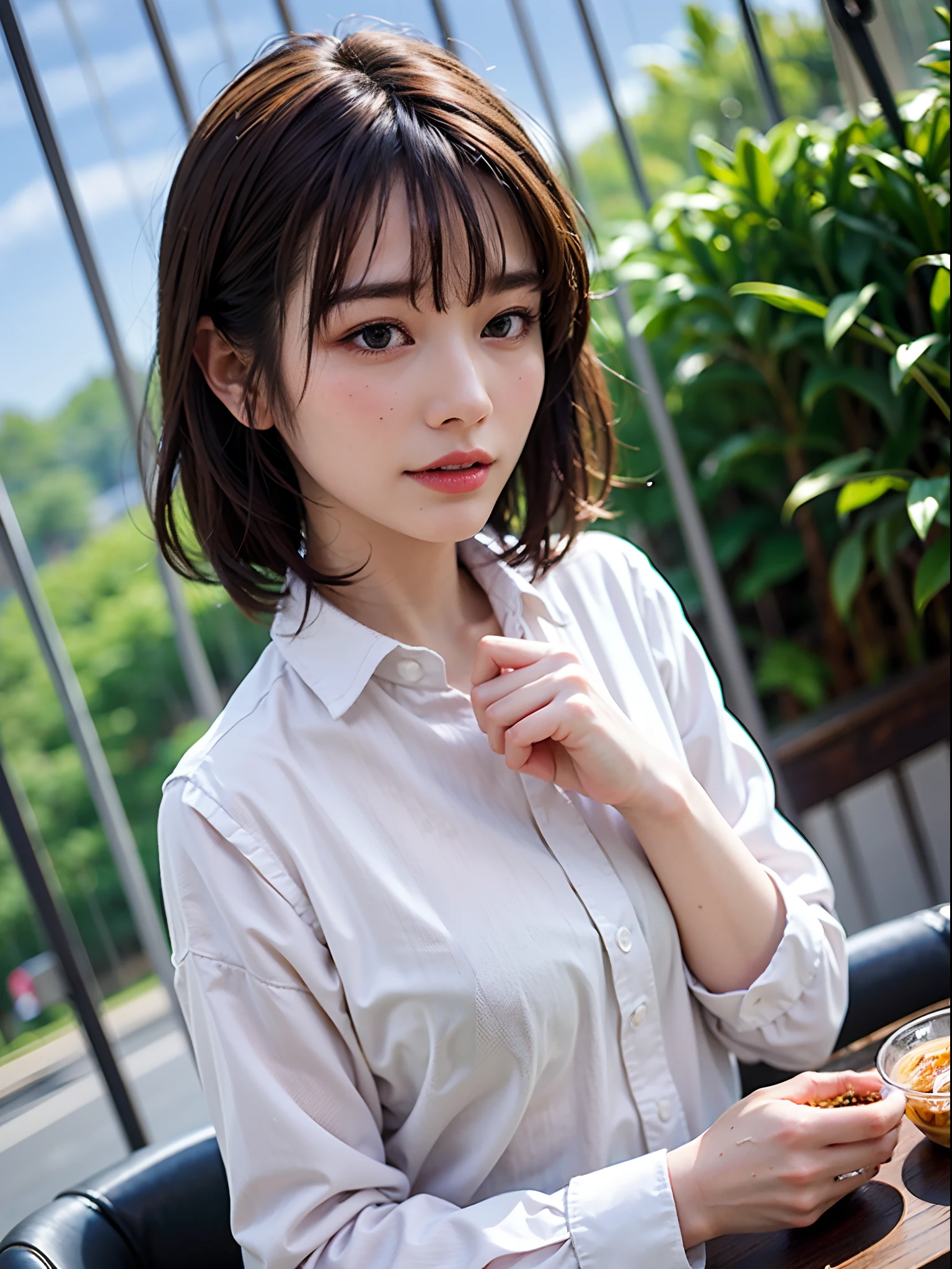 (8k, Best Quality, Masterpiece: 1.2), (Realistic, Photorealistic: 1.37), Super Detailed, 1 Girl, Cute, Alone, Beautiful Detailed Sky, Detailed Cafe, Sitting, Date, (Nose blush), (close mouth) medium breasts, beautiful details, white shirt, night, wet, business wear, rain, white lace, (short hair: 1.2), floating Hair NovaFrogStyle, solo, 1girl