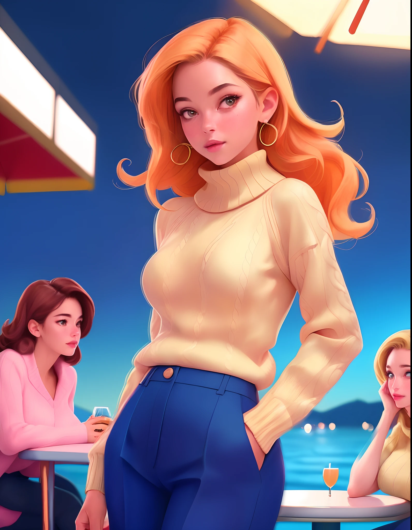 3girls women nautical wear sweater slacks at the bar lounge luxury yacht carribean ocean night time (masterpiece:1.2) (photorealistic:1.2) (bokeh) (best quality) (deck party) (intricate details) (8k) (HDR) (analog film) (canon d5) (cinematic lighting) (sharp focus)