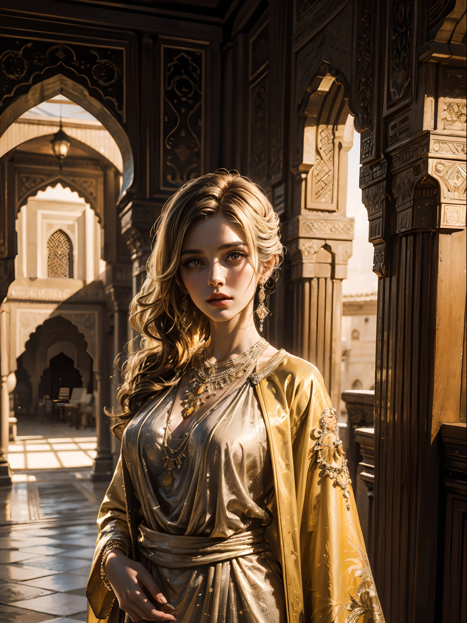 European beauty blonde hair, 45 ans. Dressed only in a respectable outfit complete Moroccan Islamic caftan red yellow portrait hyper realistic super detailed face hyper realistic super detailed Moroccan Islamic pose environment architecture hyper realistic super detailed