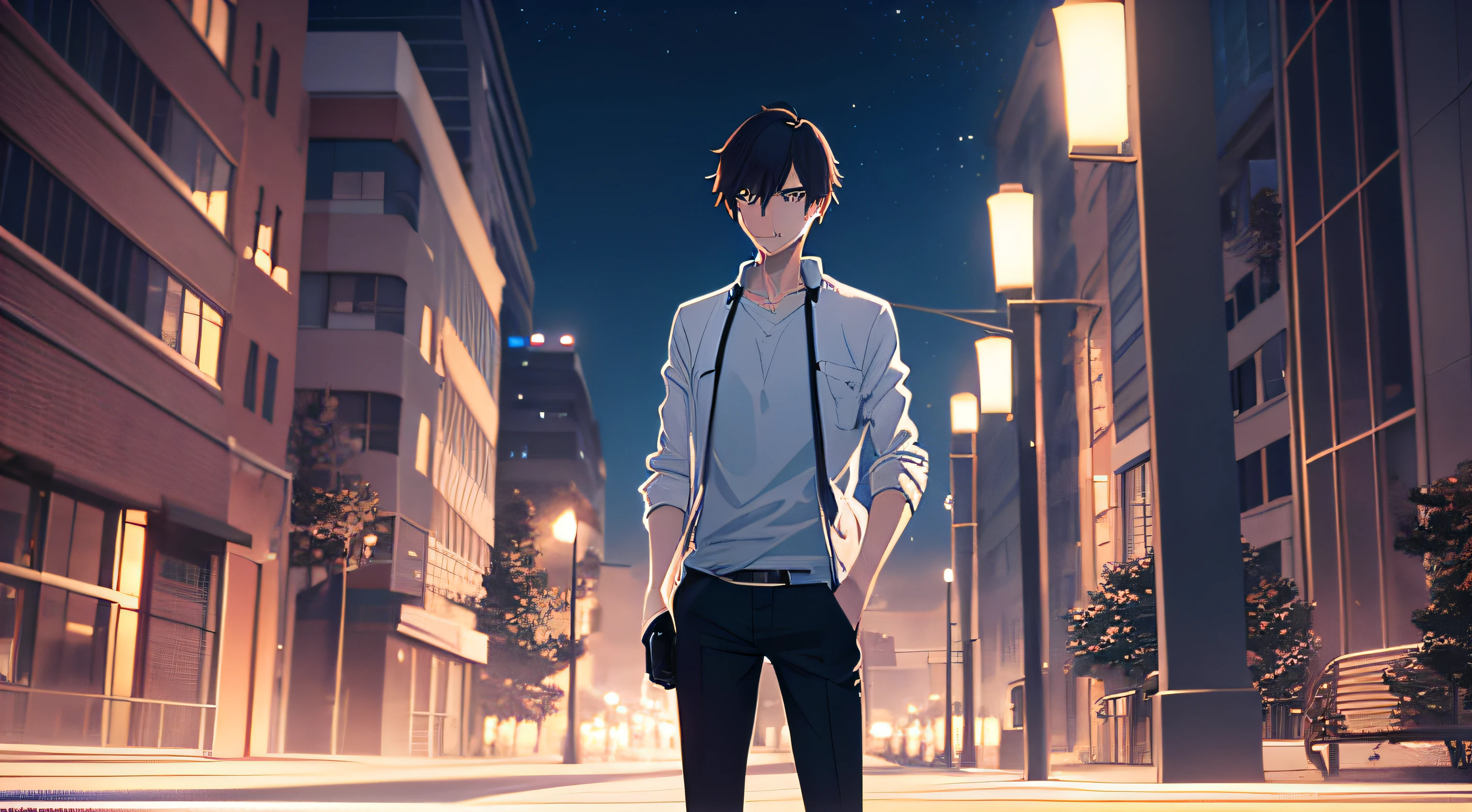 In the dark night,There was a man standing on an empty street,Street lights flashing on both sides, Makoto Shinkai. a digital rendering, Makoto Shinkai. rendering by octane, Handsome anime pose, young anime man, Anime portrait of a handsome man, ( ( Makoto Shinkai ) ), makoto shinkai art style, made with anime painter studio, Tall anime guy with blue eyes,Background with:the night