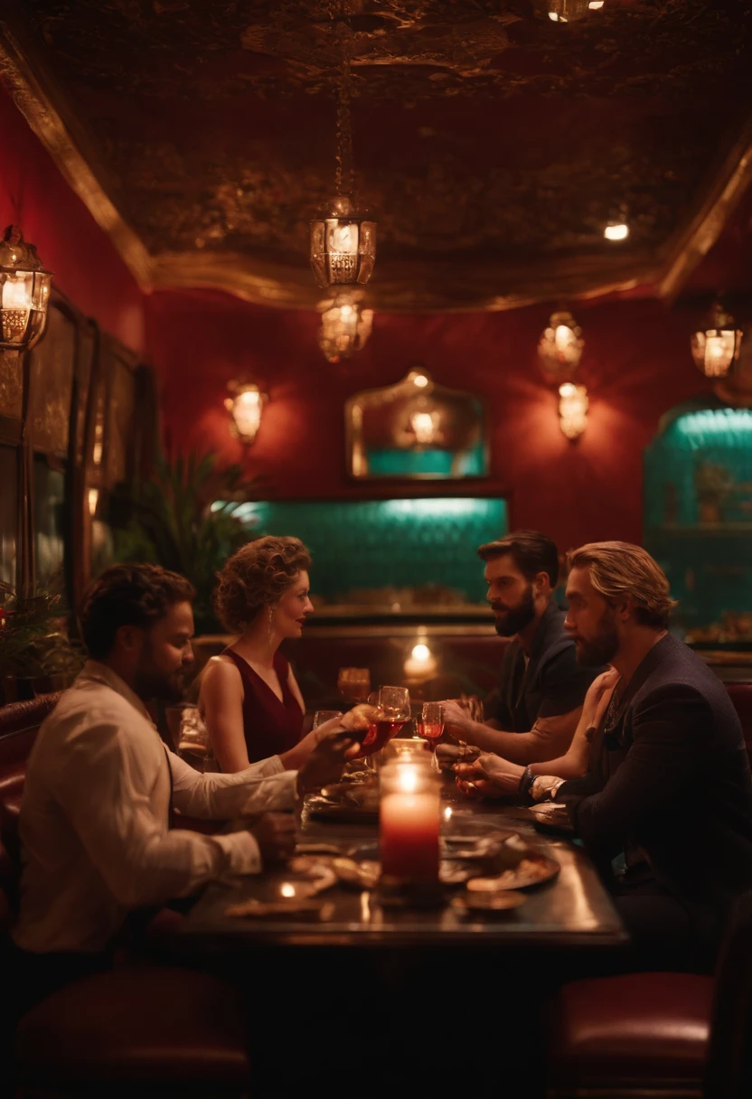 Porter de filme de dark romance: 1 mulhar em frete a uma restaurante, 3 homens, uma mulher, e 3 homens
