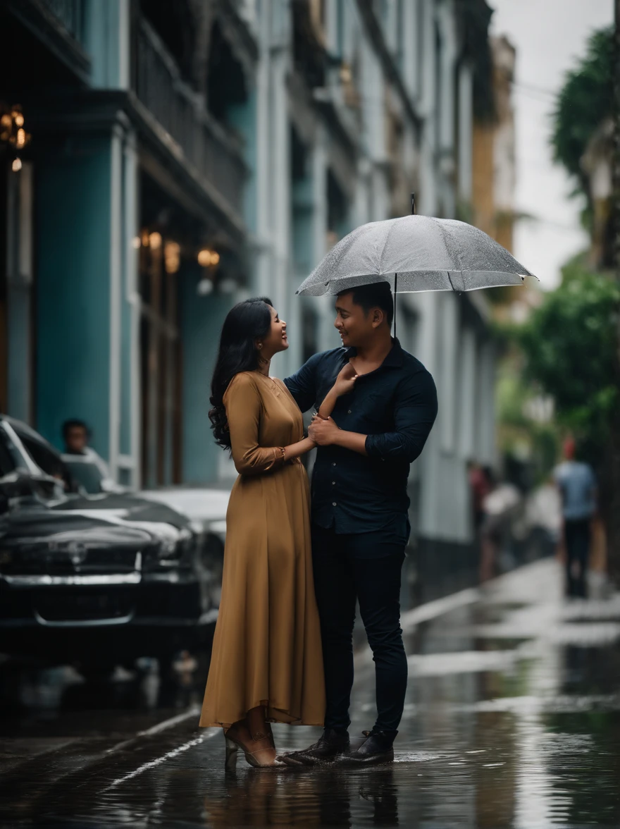 wide angle, prewed concept, ((( from below))) Romantic Indonesian couple,they wearing casual cloth, posing lovely and romantic on heavy rain, their bodies were drenched in rainwater, puddles, depth blur, bokeh, dynamic lighting, dark day