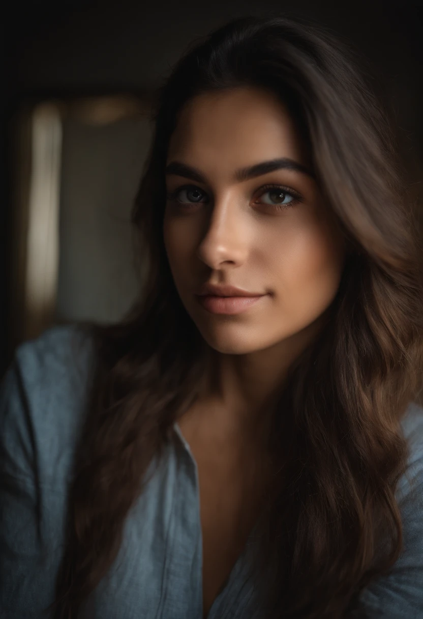Sequenced RAW photo, une photo d'une jeune de 19 ans, hispanic ((selfie du haut du corps, Content)), Dark Hair, Natural and detailed face, yeux clairs, very realistic, natural lights, photo realist, Selfie, a, Linda, peau naturelle, 8K UHD, highly quality, grain filmique, Fujifilm XT3