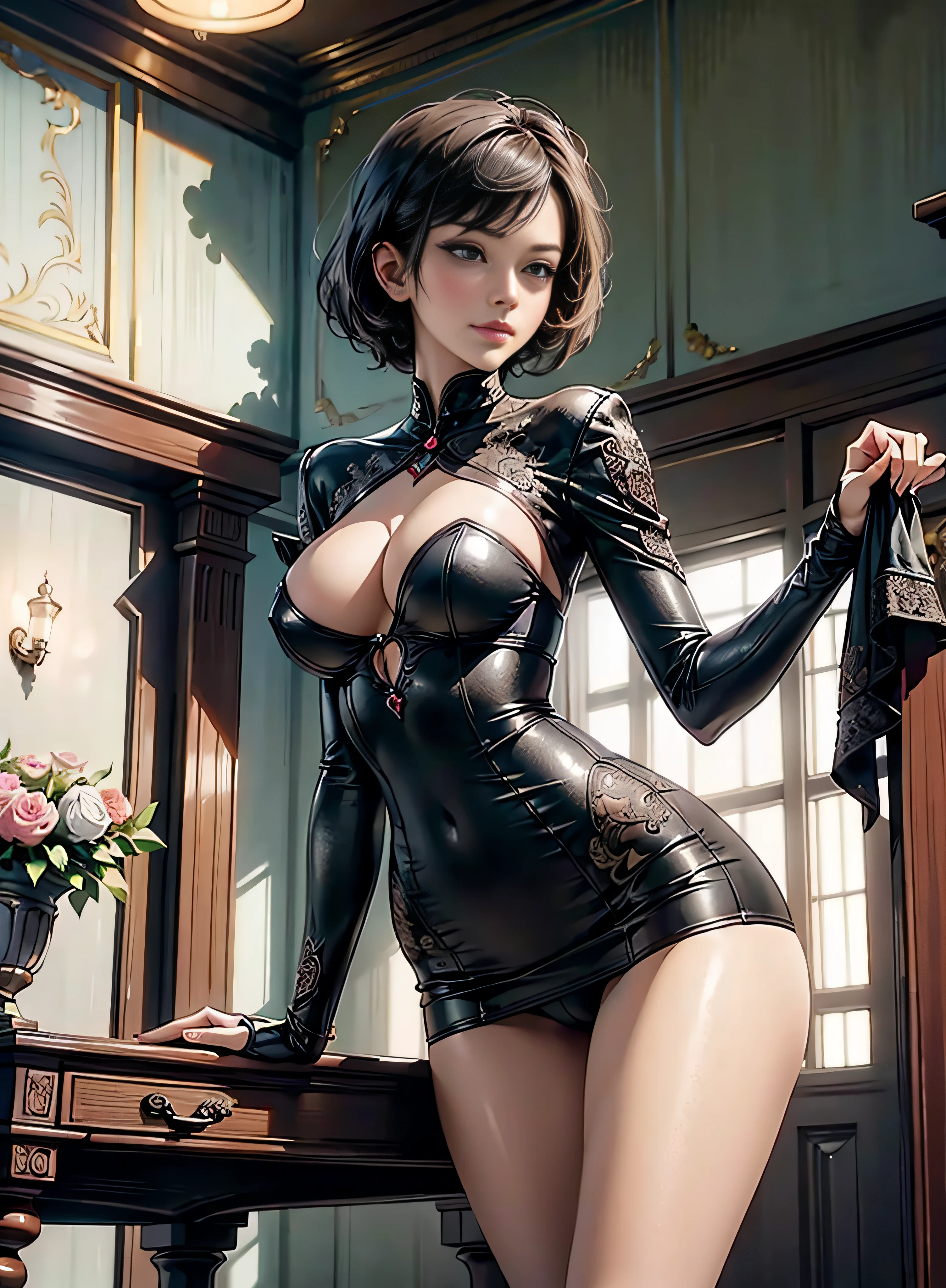 masterpiece quality. Extrem detaillierter Ada Wong, rote Wangen. Big breasts and narrow waist. bleich. helle Haut, big buttocks. She stands there seductively. Leuchtende Beleuchtung. Sie sitzt in einem alten, Detailed office with seductively open legs on the table. Exquisite Details. Aufwendig detailliert. verlockend. sinnlich.