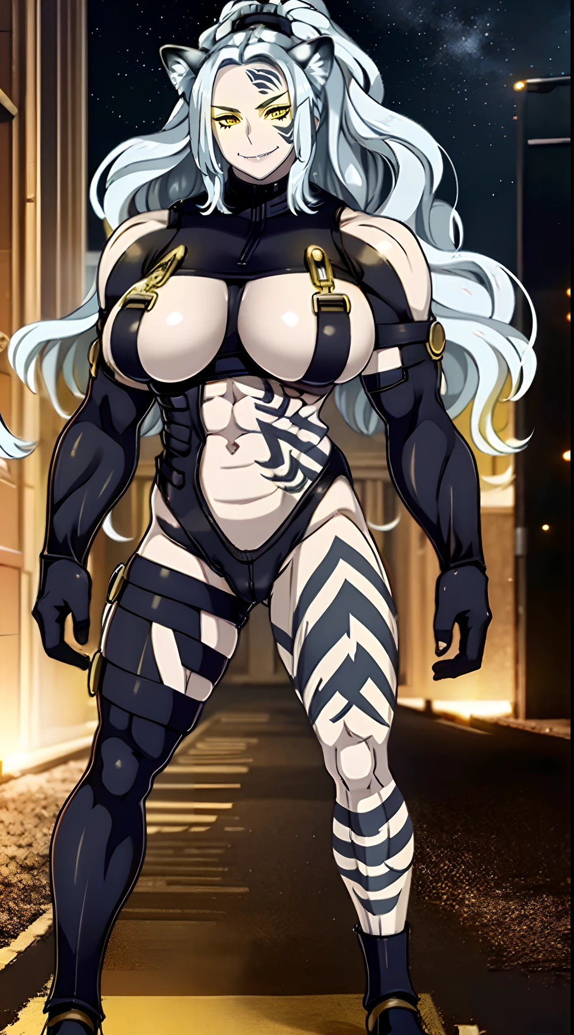 sandy, white hair, animale ears, animal ear fluff, left face tattoo yellow eyes, abs, muscular,ponytail tattoo, fang, elbow gloves, black bodysuit, black thighhighs, tight, clothing cutout, cleavage cutout, large breasts,hips. covered , spread legs, from below, standing,night, streets, solo, (insanely detailed, beautiful detailed face,beautiful detailed eyes, masterpiece, best quality) serious,full body, standing, feet, pants, pullover, feet,curvy,,forest, cloak, smile,forest