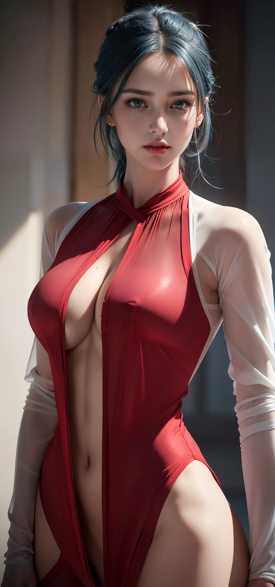(Hyperrealistic), (illustration), (high resolution), (8K), (Extremely detailed), (Best Illustration), (Beautiful detailed eyes), (Best quality), (Ultra-detailed), (Masterpiece), (the wallpaper), (Photorealistic), (Natural light), (rim lit), (Detailed face), (Highly detailed realistic skin textures), (Anatomically correct), (Solo), (1 girl), (high detailed realistic hair), (Blue hair:1.2), spiked hair, (Heterochromic eyes), (detailed green eyes), (Small moles under the eyes), (Realistic big breasts:1.5), (Exposed breasts:1.3), (Long legs), (Slender abs), (Dynamic pose), (Closed mouth:1.3), (Red track and field suit),(Sheer clothes:1.5), NSFW,nakeness,Bare lower body,Bare breasts,Camel toes,athlete