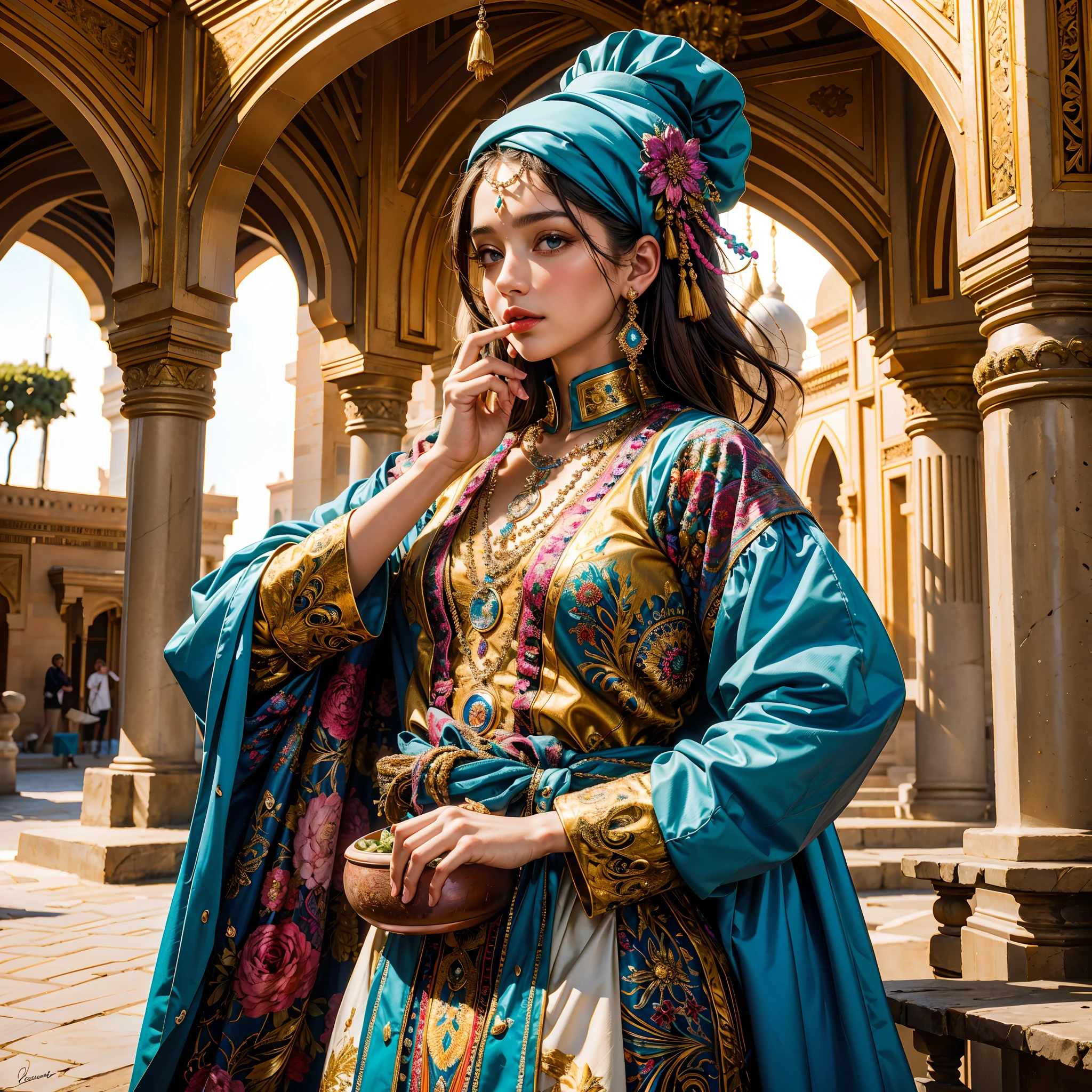 (chef-d'work, premier quality, beste-Qualit, art officiel, beautiful and aesthetic : 1.2), (1 fille), extremly detailed, (art fractal : 1.3), colourfull, The most detailed Moroccan style