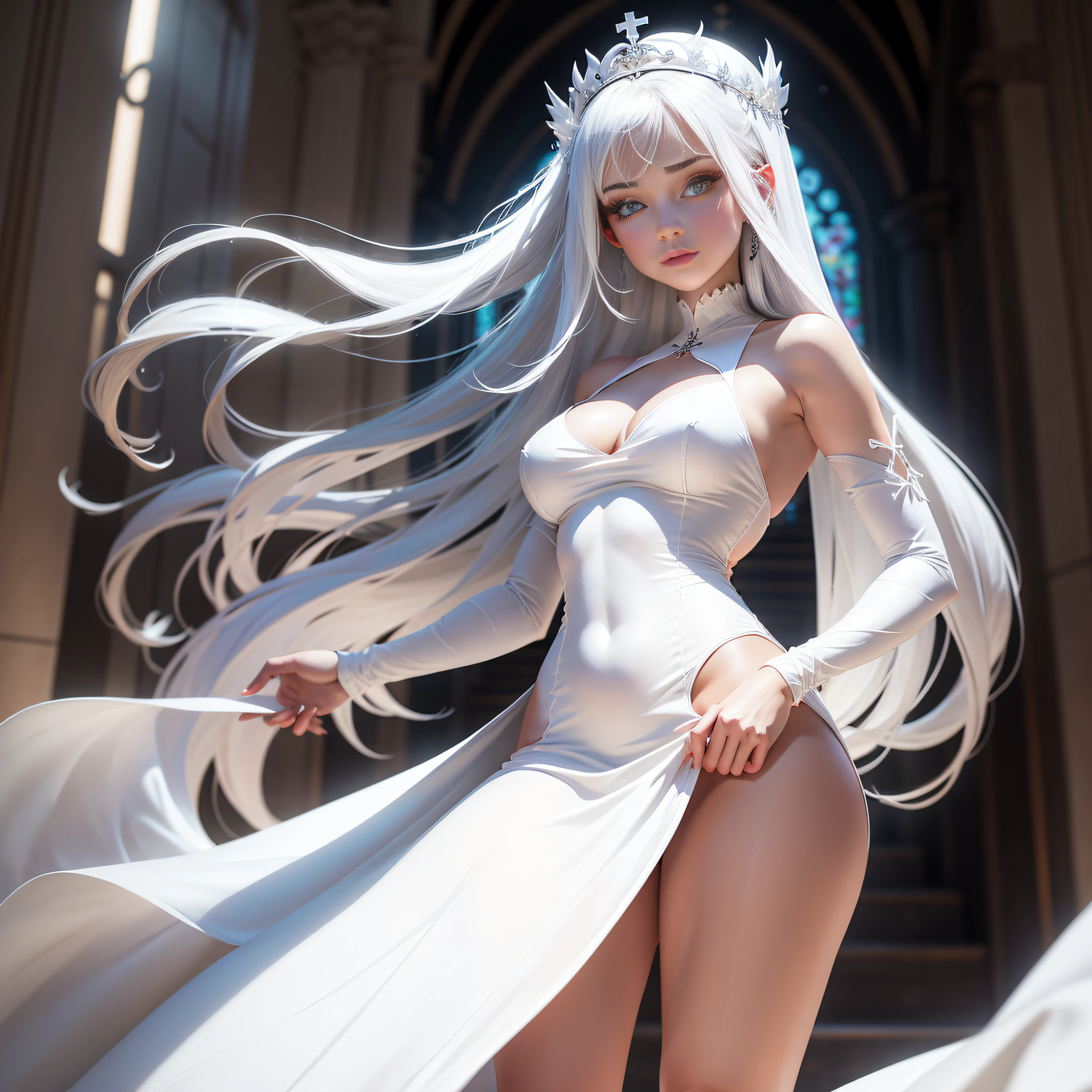 Eine Priesterin. Long tight white dress has ruby . posierend. sexy. beautiful. Attraktiv.