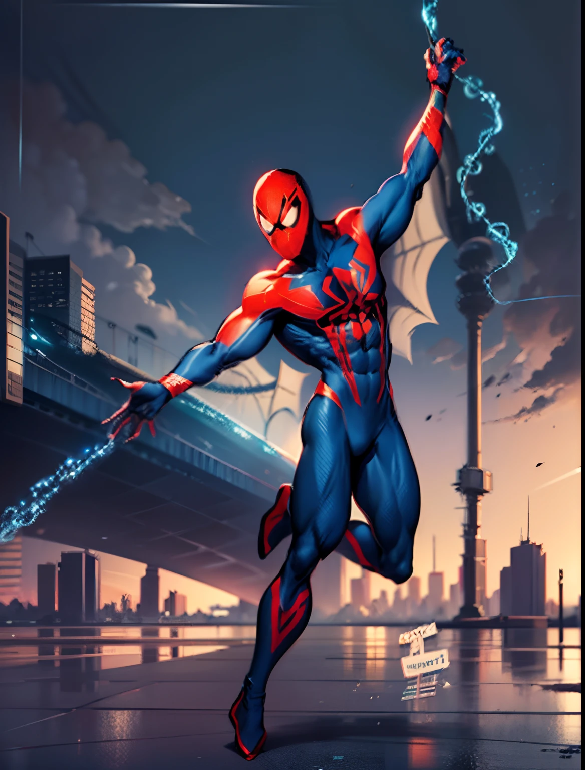 masterpiece, high quality images,high detailed images, Spider 2099 realistic drawing of a spider-man 2099 casting webs with a futuristic city in the background, ano 2099, inspirado por Rick Leonardi desenho realista de quadrinhos, Desenho realista de quadrinhos da Marvel, inspirado em Steve Ditko, Homem-Aranha 2099,Dark blue mask with red lines around the eyes, uniforme azul escuro reflexivo texturizado com detalhes em vermelho, webs under the arms, Aranha 2099 altamente detalhada Spider Man 2099, inspirado em Ryan Stegman, lineart perfeito, inspired by José Comas Quesada, personagem de quadrinhos, Miguel O' Hara, Spiderman 2099