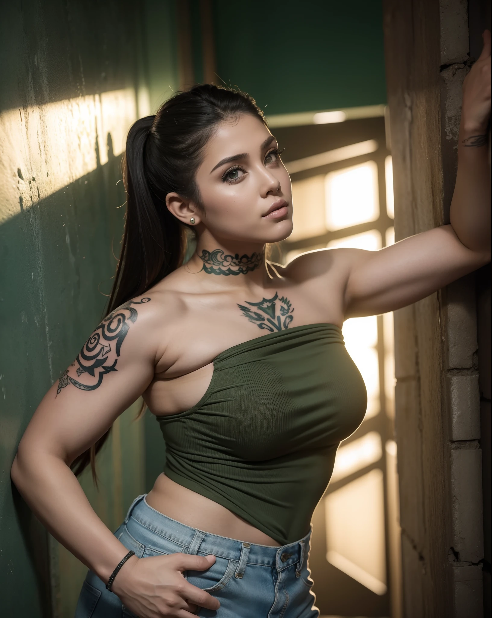 realista, thick, muscular woman, Mulher branca com cabelo cacheado, olhos verdes, have some visible tattoos on the body, veste roupas de frio, It's going to a post-apocalypse war, encara todos de longe com olhar destemido e corajoso.