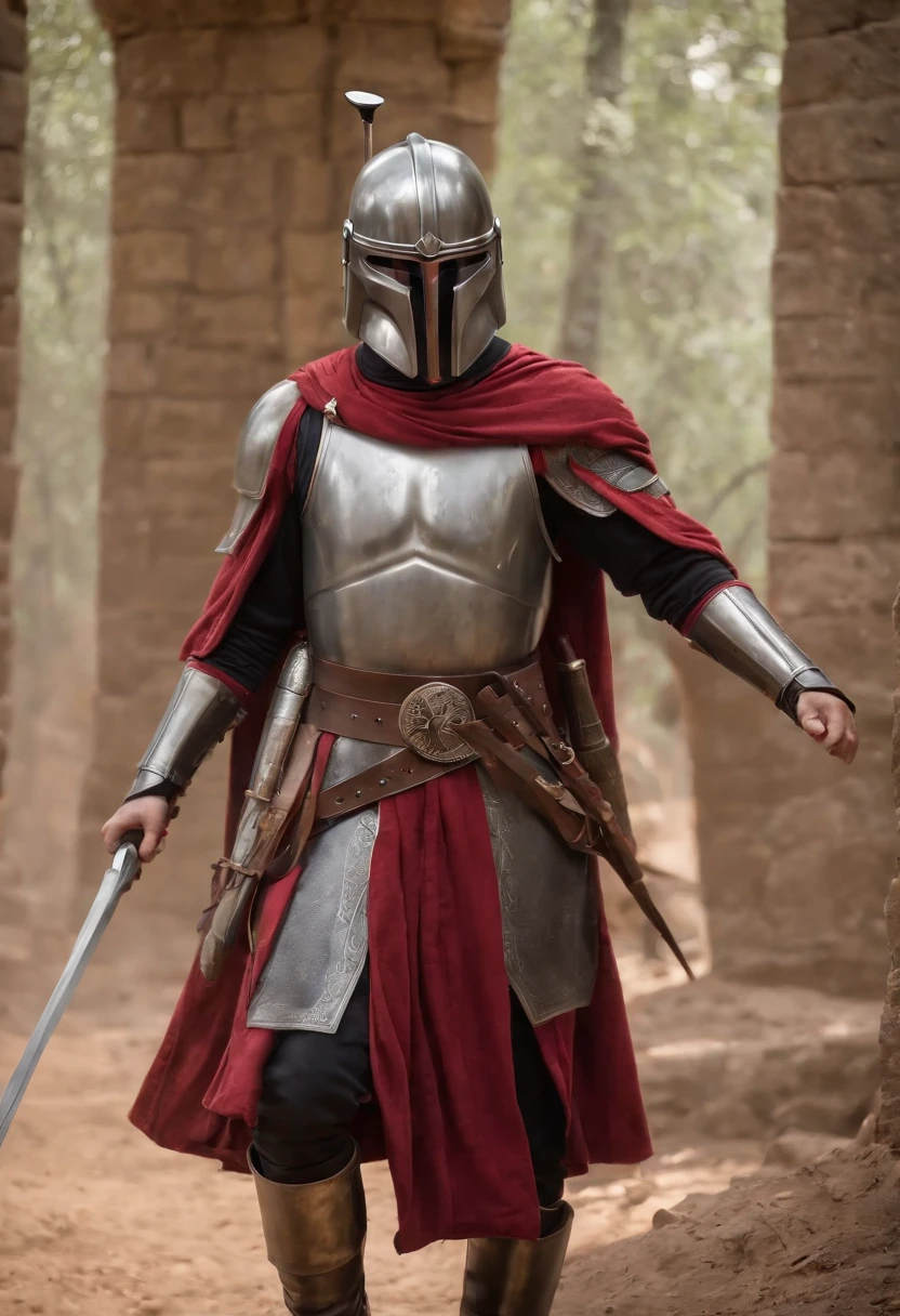 (melhor qualidade,4k,8k,alto,master part:1.2),ultra-detalhado,(Realistic,fotorrealista,photo-realistic:1.37),medieval,Armadura Mandaloriana,armadura brilhante, guerreiro,rosto lindamente detalhado,sharp facial features,olhos expressivos,Determined expression,macho,Postura heroica,dramatic lighting,fundo aventureiro,paisagem de fantasia,atmosfera mal-humorada,vivid colors,Medieval inspiration,metal textures,Epic Battle,historical warrior,Combate tradicional,cavaleiro corajoso,Valor,Momento triunfante,perspectiva envolvente,Ancient relics,Stoic presence,ancient ruins,Mystical aura,Aura poderosa,Esgrima,guerreiro habilidoso,gravuras de armadura,Combate intenso,pose majestosa,detalhes ornamentados,pontaria,authentic costumes,figura imponente,Legendary fighter,honra e Valor,brilho lustroso,atmosfera de pressentimento,timeless hero,Uncompromising spirit, Armadura medieval, Capacate de Cavaleiro Europeu; Carregando dois sabres de luz do Kylo Ren, dupla empunhadura, Dois sabres de luz vermelho brilhantes, sabres vermelhos brilhando flamejantes, pose com as duas espadas