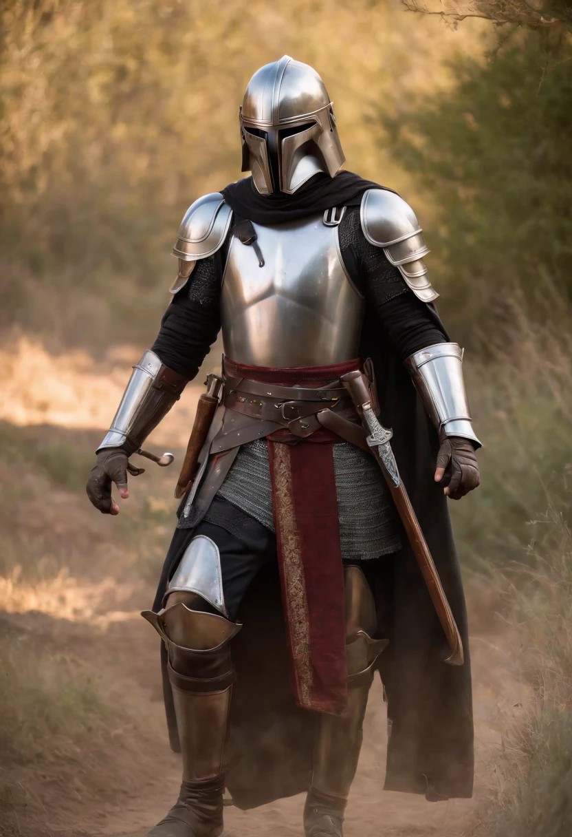 (melhor qualidade,4k,8k,alto,master part:1.2),ultra-detalhado,(Realistic,fotorrealista,photo-realistic:1.37),medieval,Armadura Mandaloriana,armadura brilhante, guerreiro,rosto lindamente detalhado,sharp facial features,olhos expressivos,Determined expression,macho,Postura heroica,dramatic lighting,fundo aventureiro,paisagem de fantasia,atmosfera mal-humorada,vivid colors,Medieval inspiration,metal textures,Epic Battle,historical warrior,Combate tradicional,cavaleiro corajoso,Valor,Momento triunfante,perspectiva envolvente,Ancient relics,Stoic presence,ancient ruins,Mystical aura,Aura poderosa,Esgrima,guerreiro habilidoso,gravuras de armadura,Combate intenso,pose majestosa,detalhes ornamentados,pontaria,authentic costumes,figura imponente,Legendary fighter,honra e Valor,brilho lustroso,atmosfera de pressentimento,timeless hero,Uncompromising spirit, Armadura medieval, Capacate de Cavaleiro Europeu; Carregando dois sabres de luz do Kylo Ren, dupla empunhadura, Dois sabres de luz vermelho brilhantes, sabres vermelhos brilhando flamejantes, pose com as duas espadas
