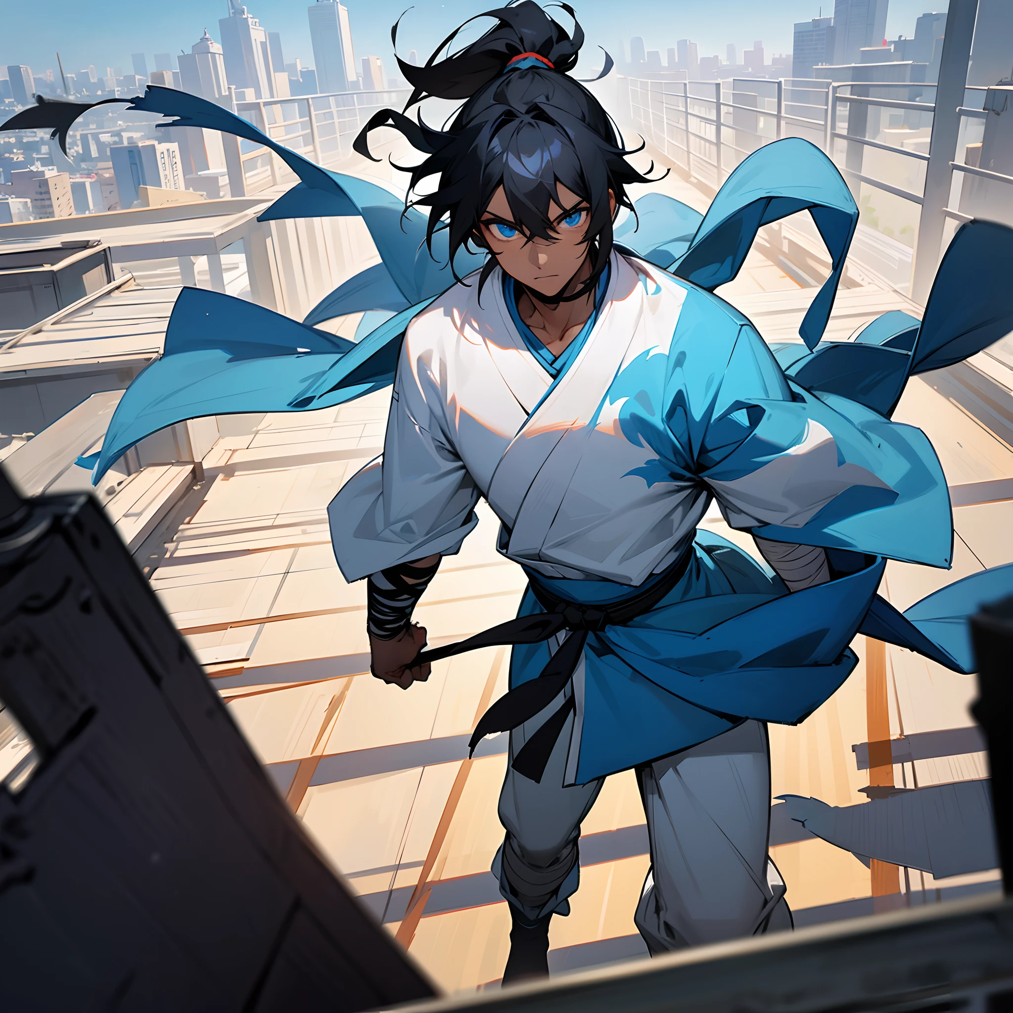 1male, young adult, messy medium length black hair in ponytail, bright blue eyes, walking down path, martial arts gi, dark skin, bandages wrapped around arms, best light and shadows, large city, rooftop