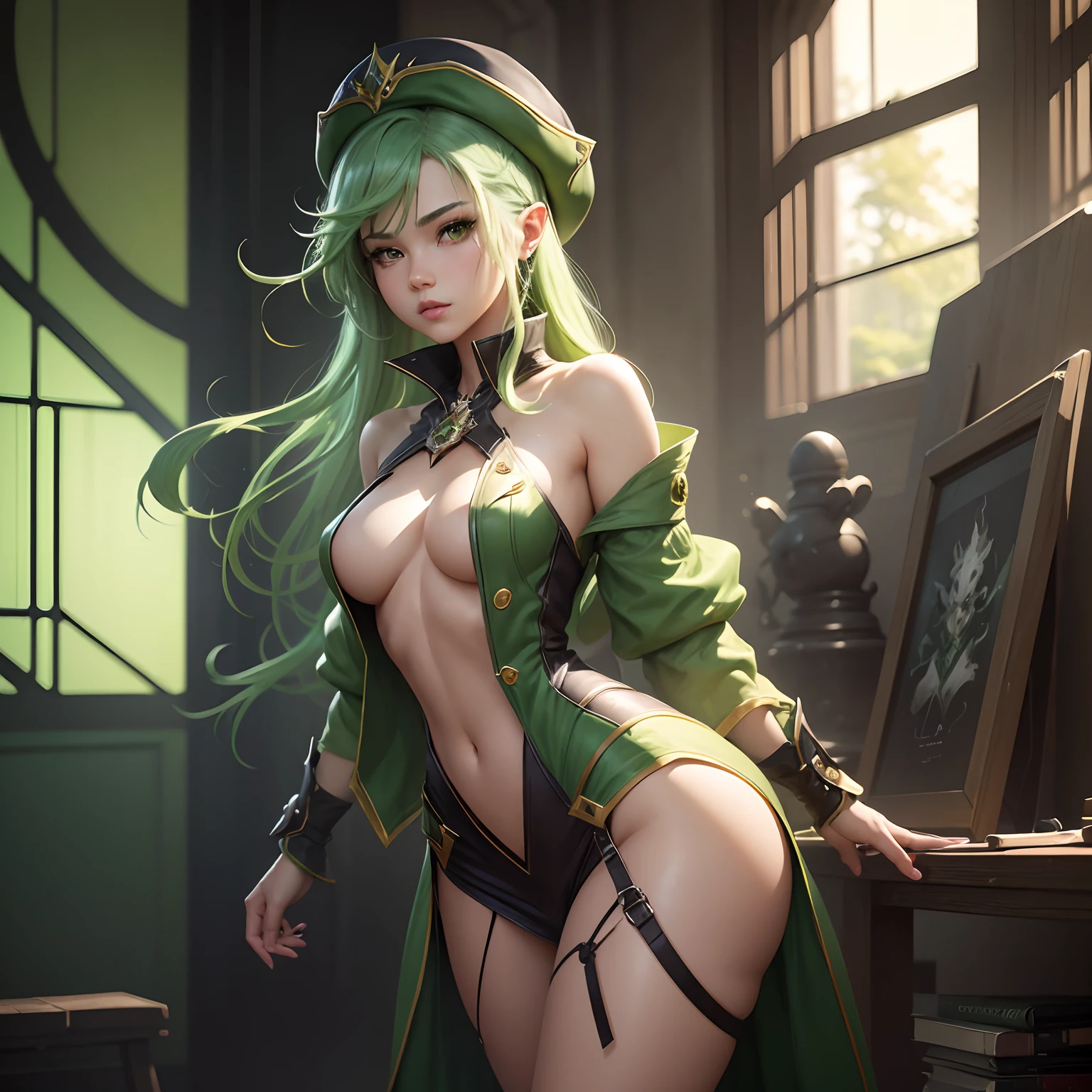 master piece, Girl with green hair and green hat standing in a room, Splash Art, Style Artgerm, Fille elfe, Gamme Murata et Artgerm, Artgerm Plat, Vivy, style of artgerm, Style League of Legends, Ruan Jia et