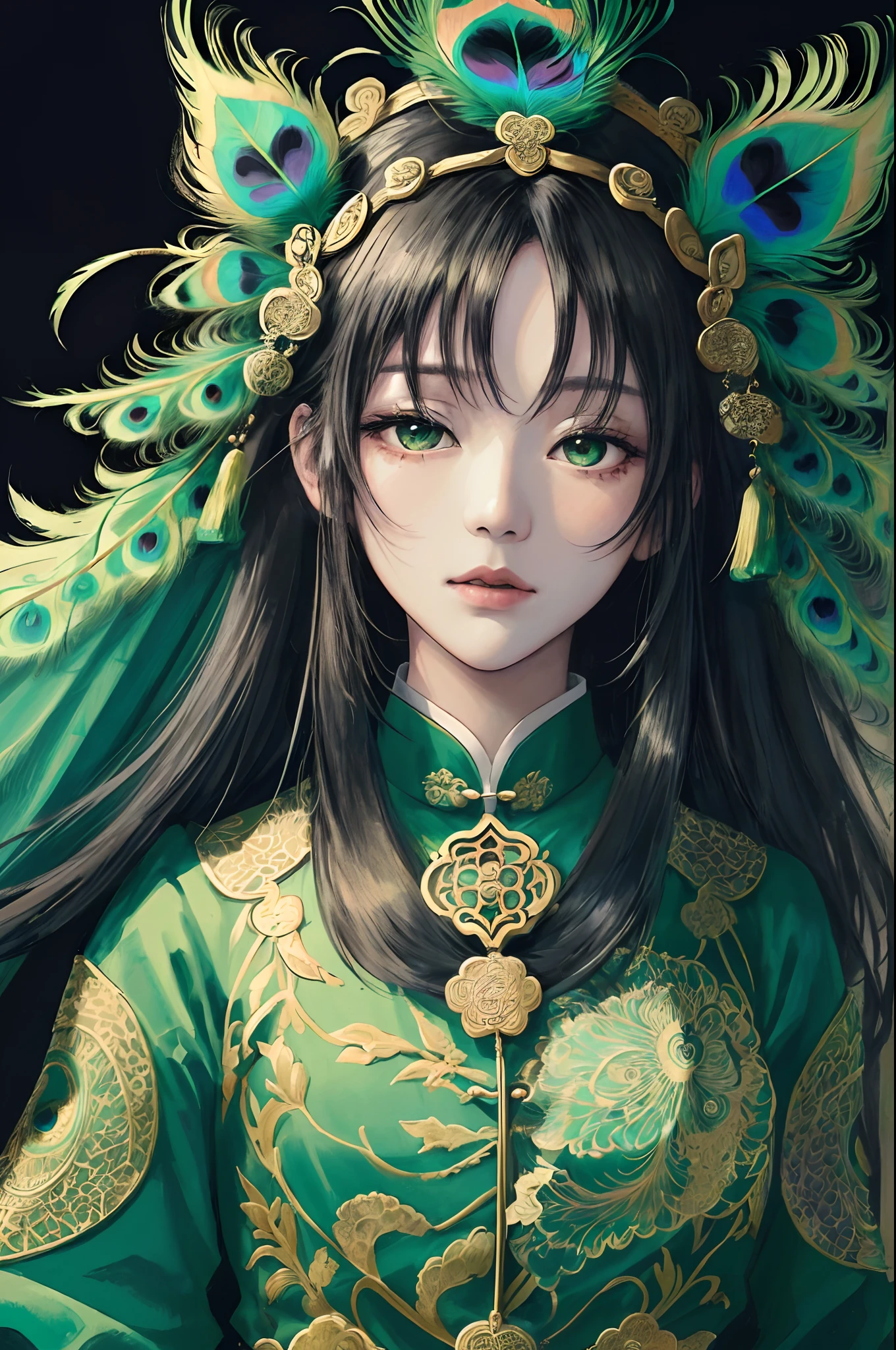 (by Yuko Higuchi:1.4),Higuchi Yuko,(by Yoh:1.2),(masterpiece,best quality,官方艺术,美丽和审美:1.2),(ultra-detailed),finely detail,best illustration,hand drawn high quality,(High contrast),(clean lines:1.3),(lineart),line drawing,(Intricate lines),ligne claire,fractal art,pen drawing,tattoo,(portrait,above the chest,extremely close-up:1.1),1girl,solo,(black long straight hair),green eyes,ancient Chinese clothing,Traditional Chinese Dress,(She is surrounded by peacock feathers),peacocks,(Intricate details),(detailed background:1.2),(colorful:1.0),High Resolution