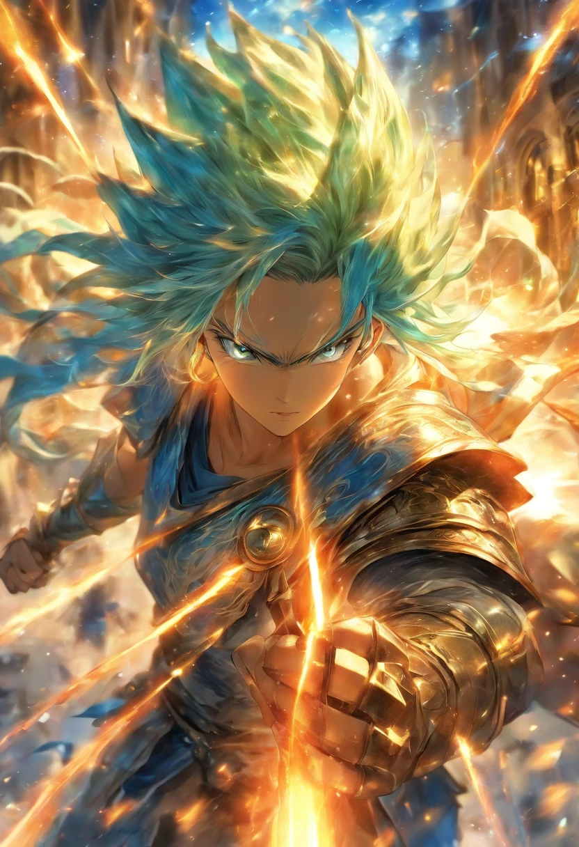 foreshortening, profundidade de campo, master part, best quality, 1rapaz, blue hairs , olhos azuis, cabelos longos, no ar, bolha de ar,sorrindo, sozinho, Olhando para o Viewer com uma espada de fogo azul, armadura medieval , flutuando, luz solar fraca,