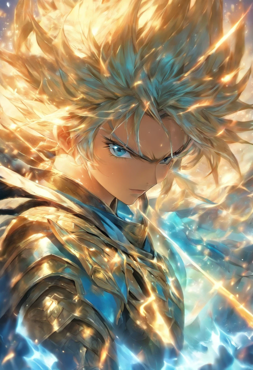 foreshortening, profundidade de campo, master part, best quality, 1rapaz, blue hairs , olhos azuis, cabelos longos, no ar, bolha de ar,sorrindo, sozinho, Olhando para o Viewer com uma espada de fogo azul, armadura medieval , flutuando, luz solar fraca,