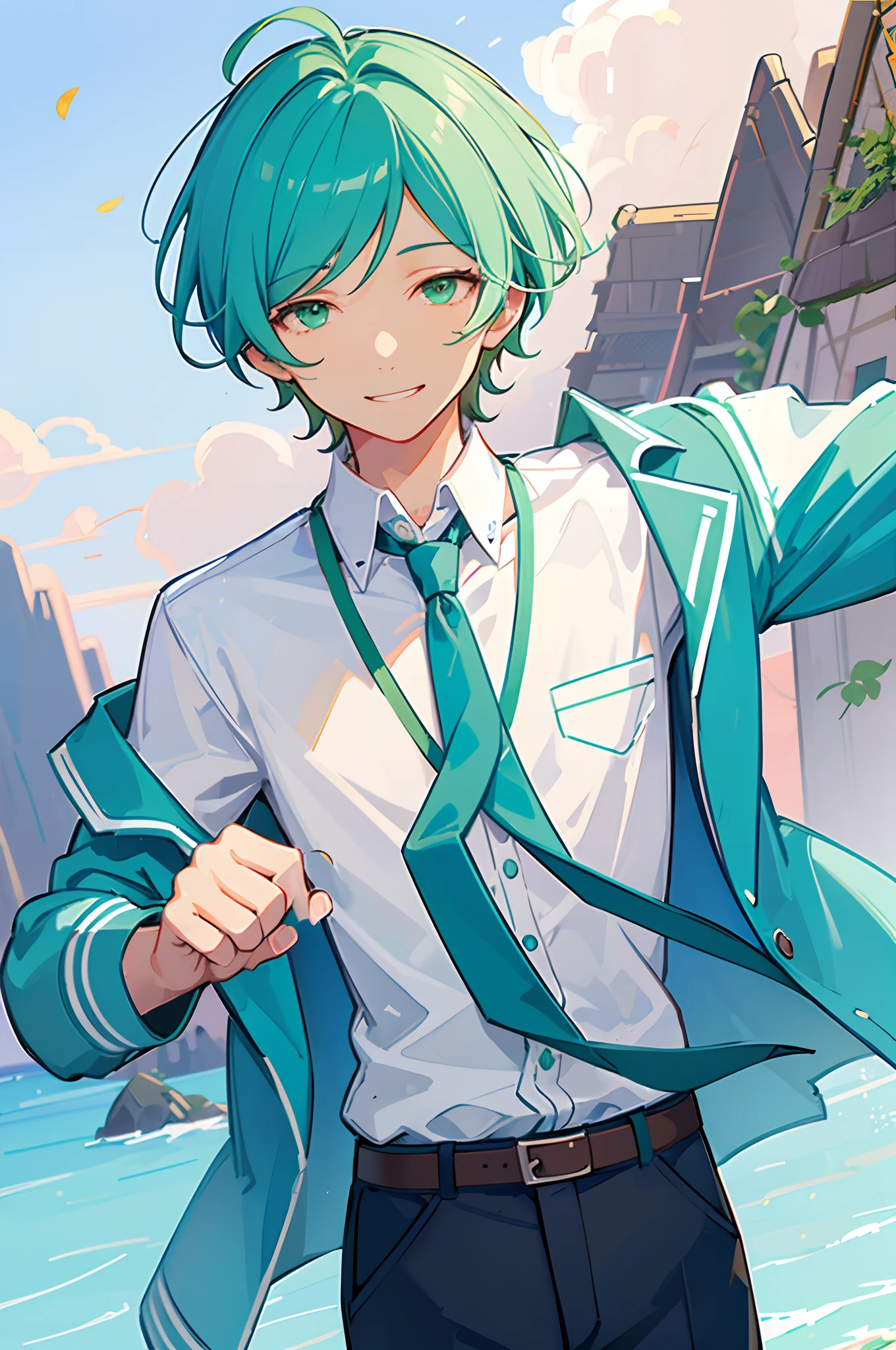 kanata shinkai, solo, 1boy, green eyes, blue hair, ahoge, male focus, cowboy shot, smile, school uniform, green eyes, blue hair, jacket, white shirt, upper body, necktie, collared shirt, blazer, blue jacket, cropped torso, green necktie, plaid pants