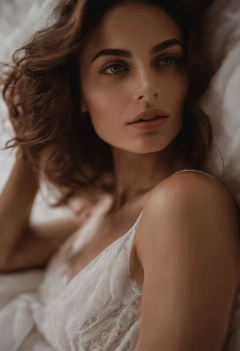 Corps complet, precise proportions, brunette model light eyes, fille hispanique de 28 ans, slim model lying on the side of the bed, simple, petite, cheveux flottant au vent, tulle, longues jambes, slightly open feet, fesses, blush, shyness, clavicule, abdos, double tissage, femme hispanique, beautiful and delicate face, tanned skin, peau vraie, (Face detail), visage naturel, sans make up, pas de maquillage, tache de rousseur, peau lisse, pores, More details, detailed skin, culotte blanche, wavy brown hair, beaux yeux, fille hispanique, mince, mode, fille, petite amie, belle, belle, iPhone,